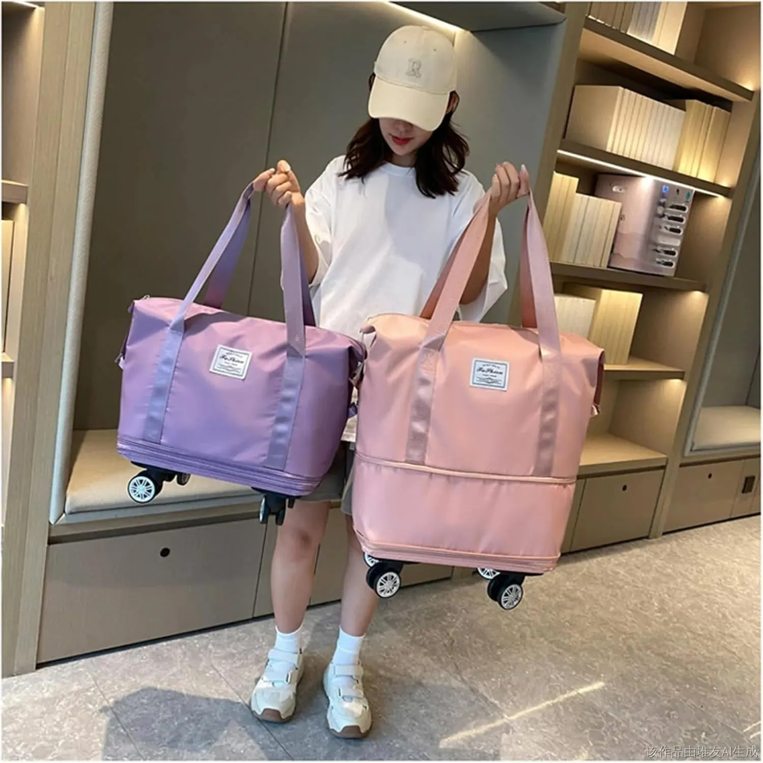 40 L Klarson Expandable Bag with Wheels, Klarson Travel Bag, Large Capacity Dry and Wet Separation Storage Luggage Bag, Three-Layer Expandable, Waterproof and Wear-Resistant (Pink)