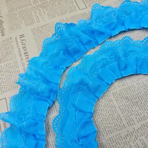 5 Yards 3-Layer Pleated Organza Lace Edge Trim Gathered Mesh Chiffon Trim 65mm Width Vintage Pleated Organza Lace Ribbons for Applique, Sewing, Wedding Embellishment, DIY Decor (Blue)