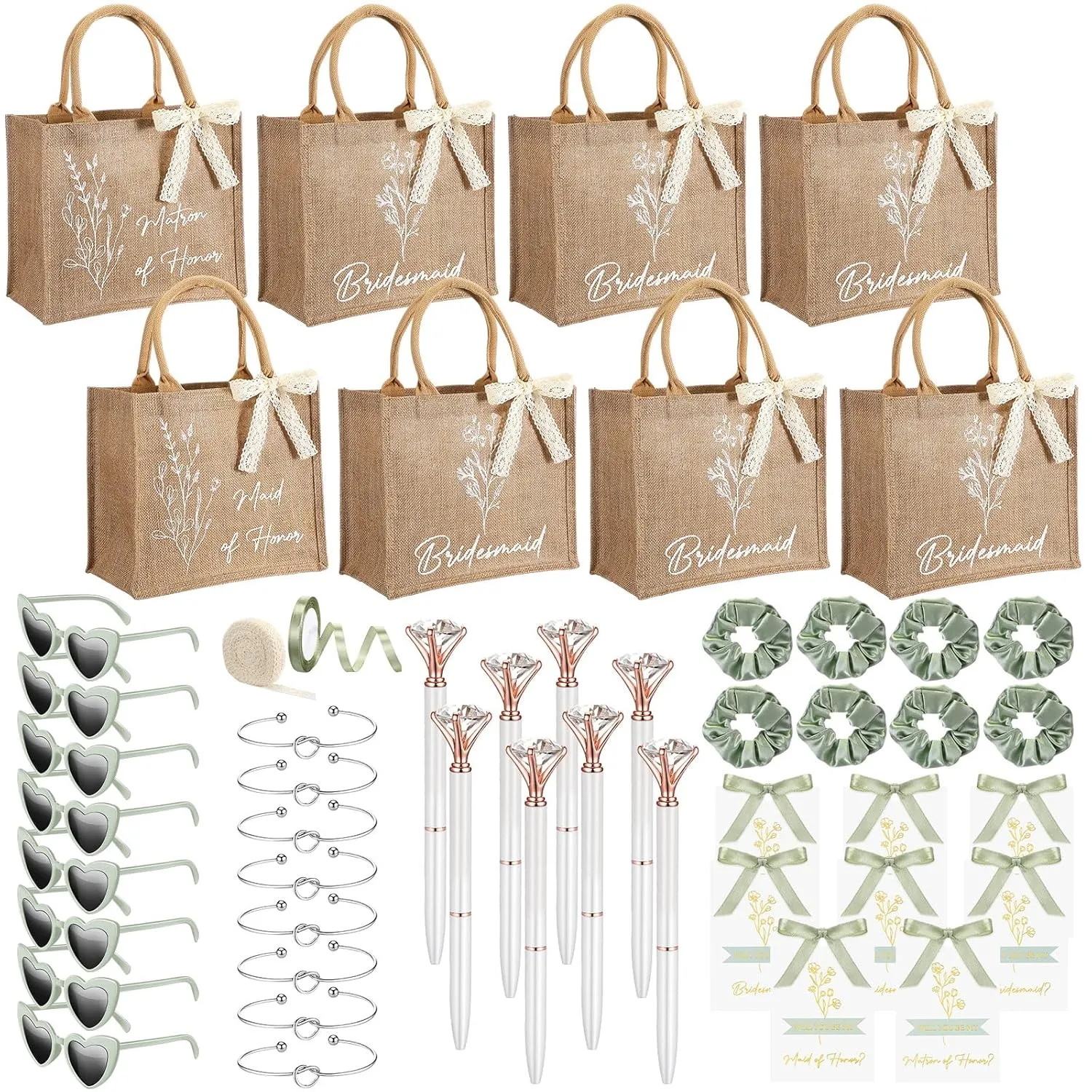 50 Pcs Bridesmaid Proposal Gifts Bulk Include Bridal Reusable Grocery Bags Invited Cards Ribbons Heart Sunglasses Hair Scrunchies Diamond Pens Bracelets for Maid of Honor Gifts(Sage Green)