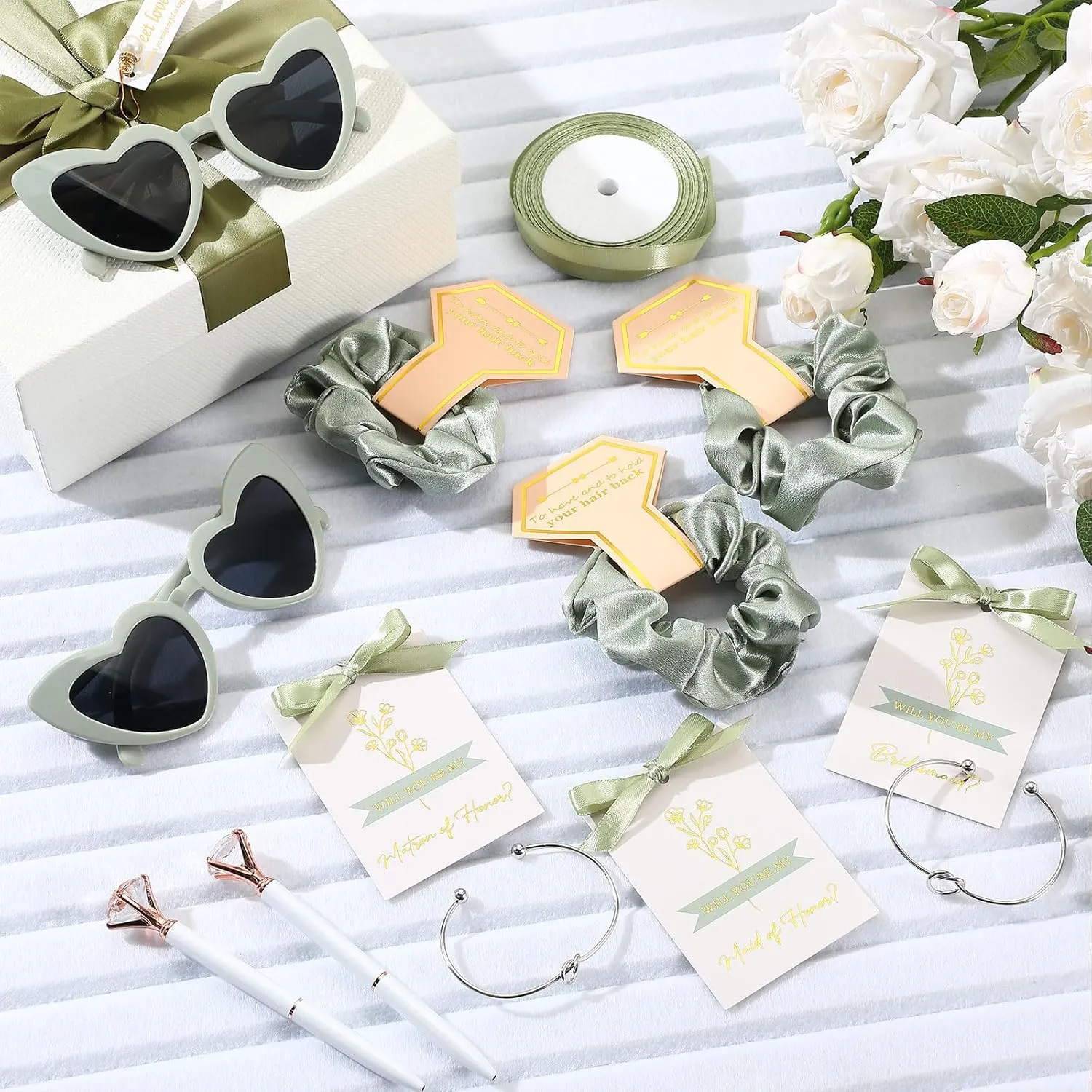 50 Pcs Bridesmaid Proposal Gifts Bulk Include Bridal Reusable Grocery Bags Invited Cards Ribbons Heart Sunglasses Hair Scrunchies Diamond Pens Bracelets for Maid of Honor Gifts(Sage Green)