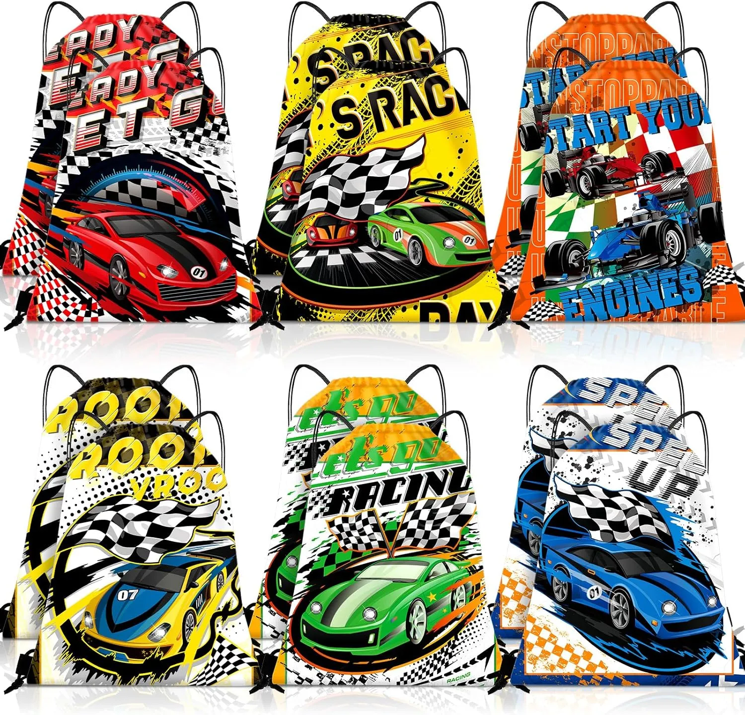 Abbylike 12 Pcs Race Car Party Favors Racing Theme Drawstring Bags for Kids Birthday Party Favors Stuffer Classroom Gifts