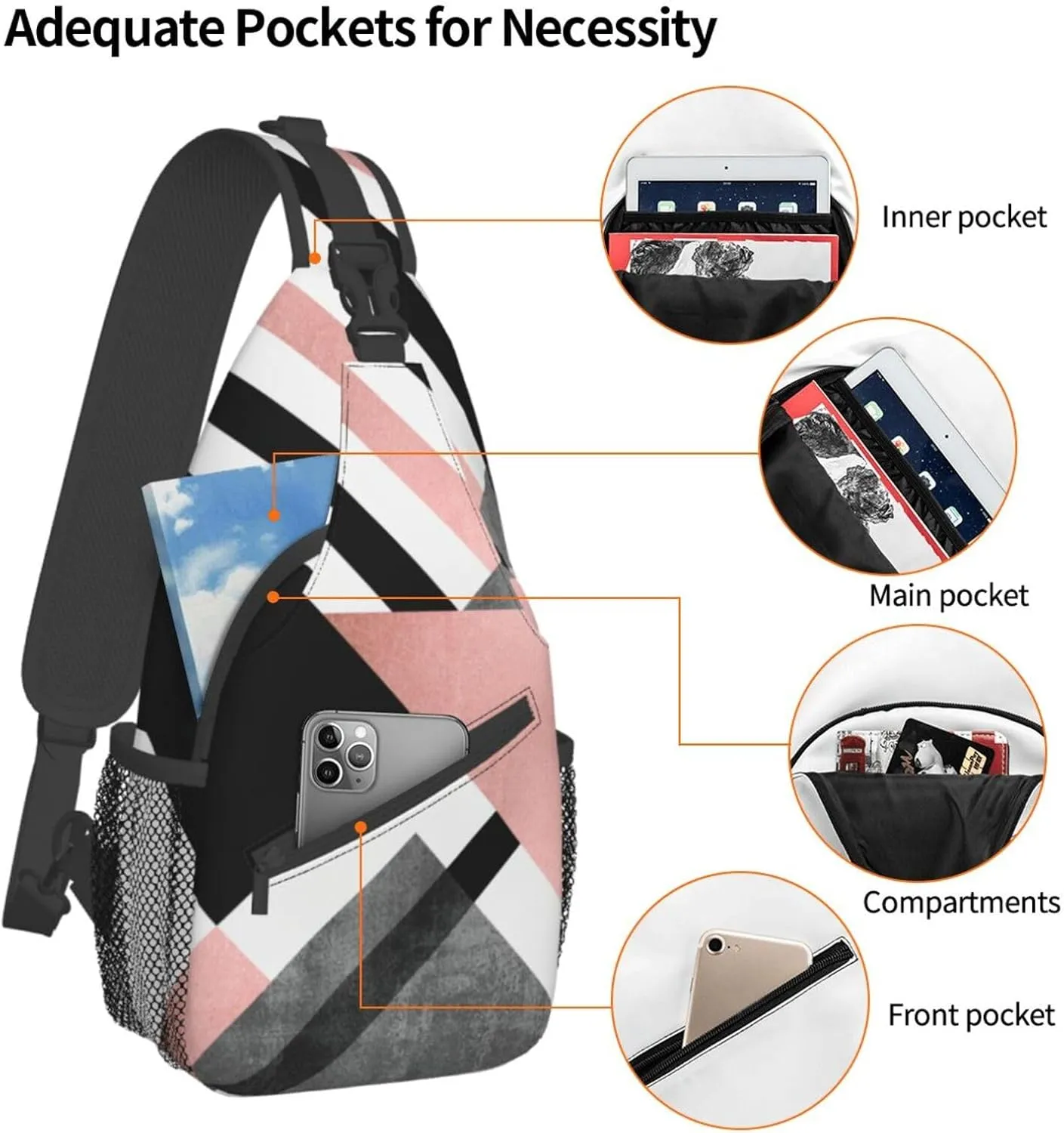 Abstract Triangle Striped Unisex Casual Diagonal Chest Bag,Multipurpose Crossbody Shoulder Bag Travel Hiking Daypack