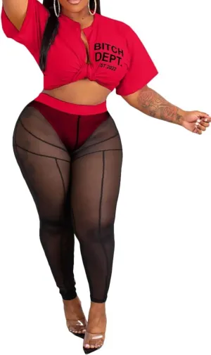 Adogirl Women's 2 Piece Outfits Short Sleeve Front Tied Sheer Mesh Bodycon Long Legging Pants Sets
