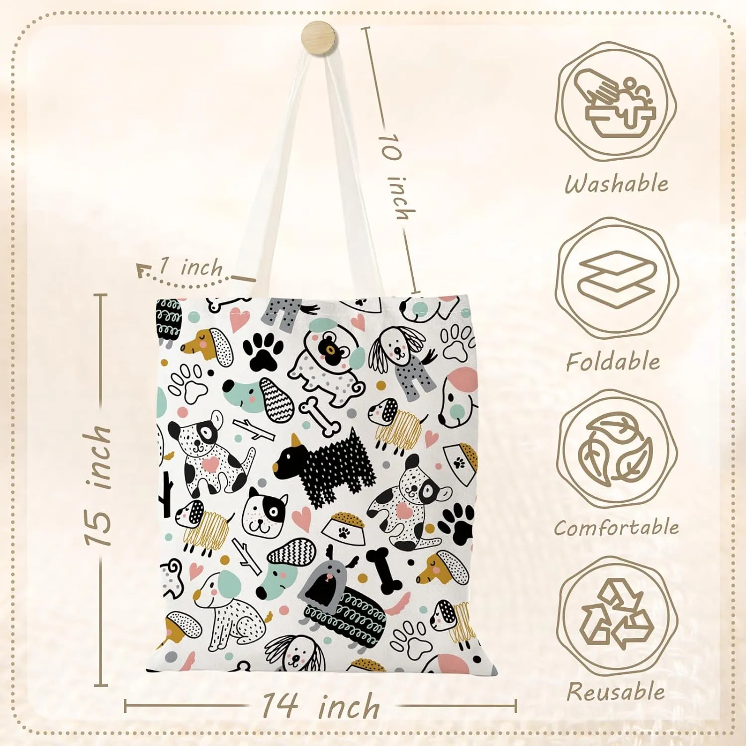 Aesthetic Canvas Tote Bag with Zipper Pockets & Snaps for Women,Reusable Shopping Grocery Bags Gifts -Work, Gym