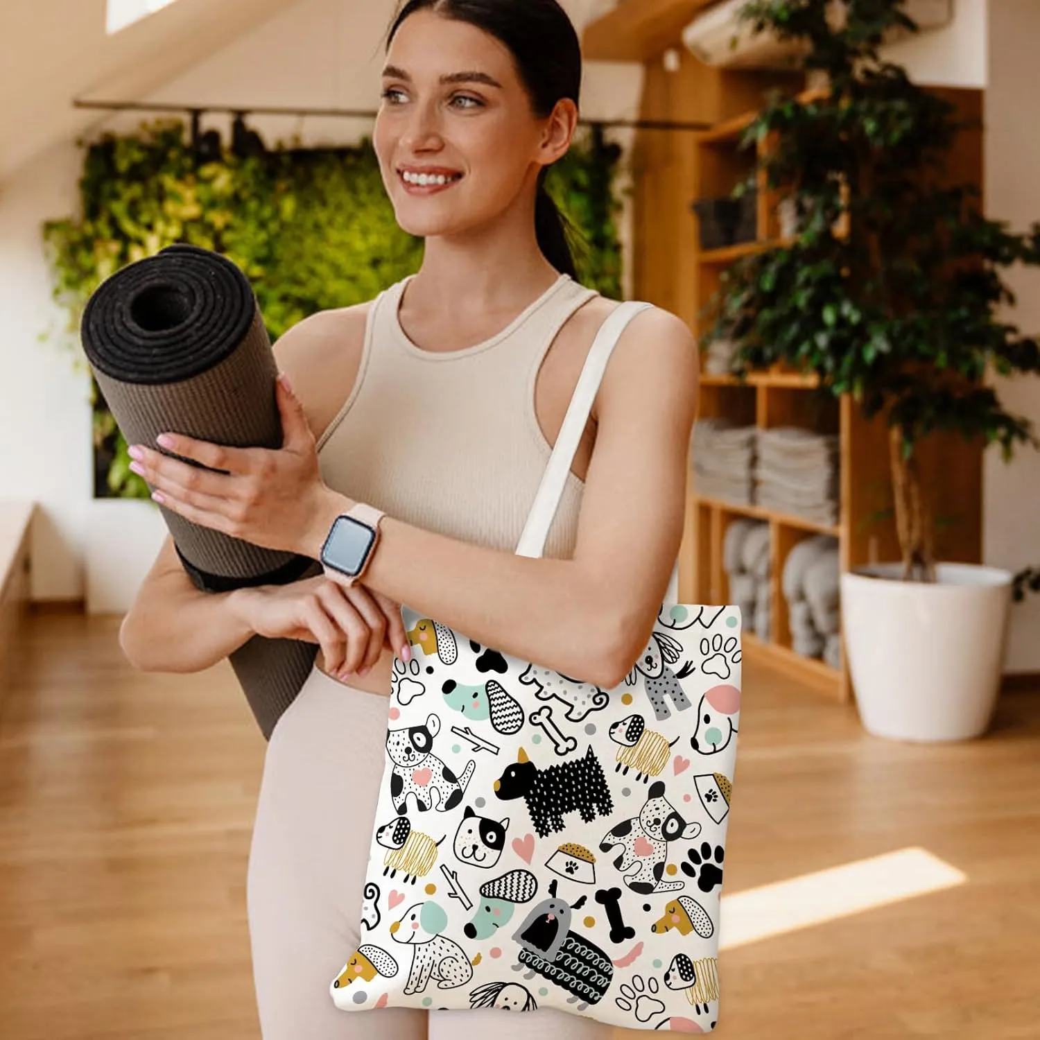 Aesthetic Canvas Tote Bag with Zipper Pockets & Snaps for Women,Reusable Shopping Grocery Bags Gifts -Work, Gym