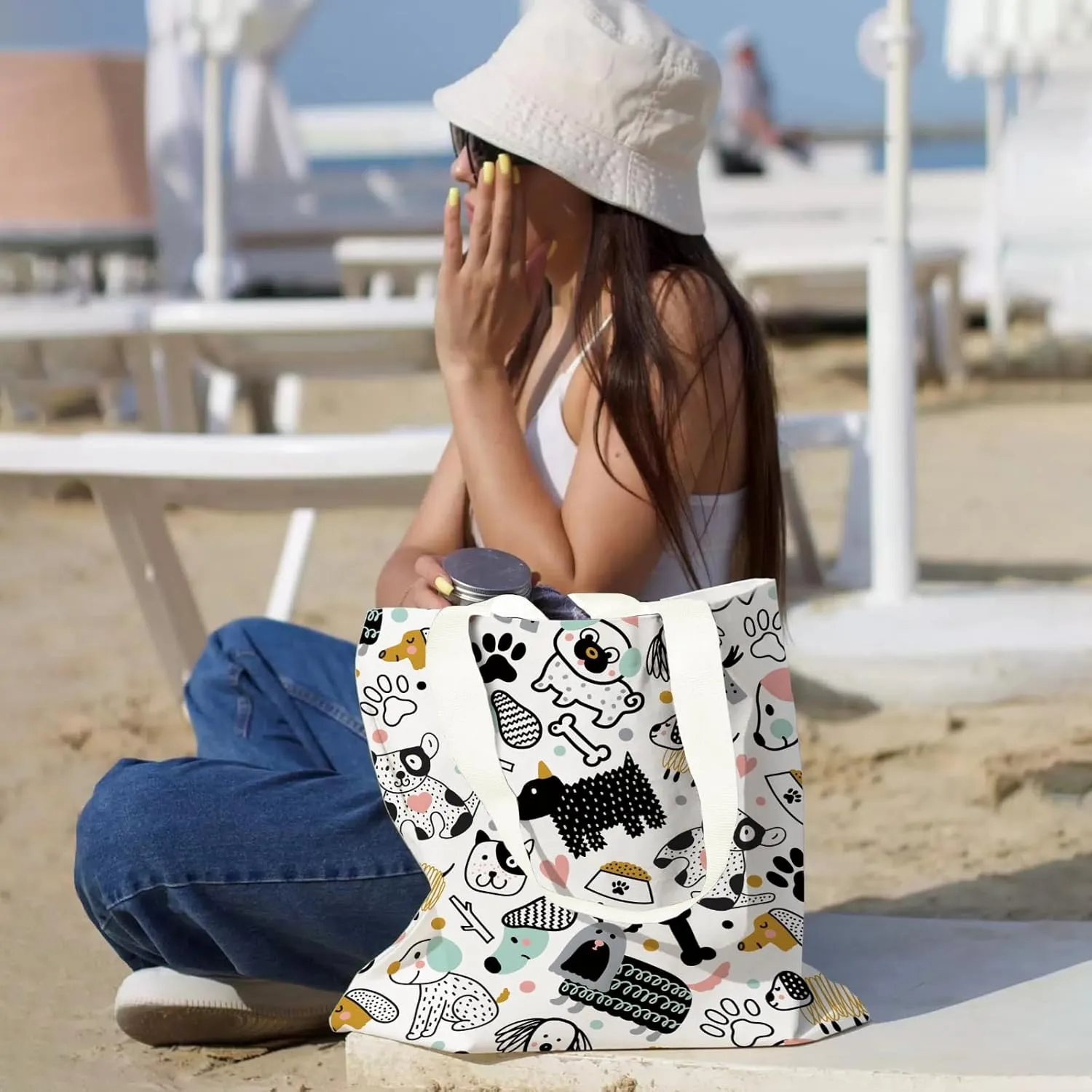 Aesthetic Canvas Tote Bag with Zipper Pockets & Snaps for Women,Reusable Shopping Grocery Bags Gifts -Work, Gym