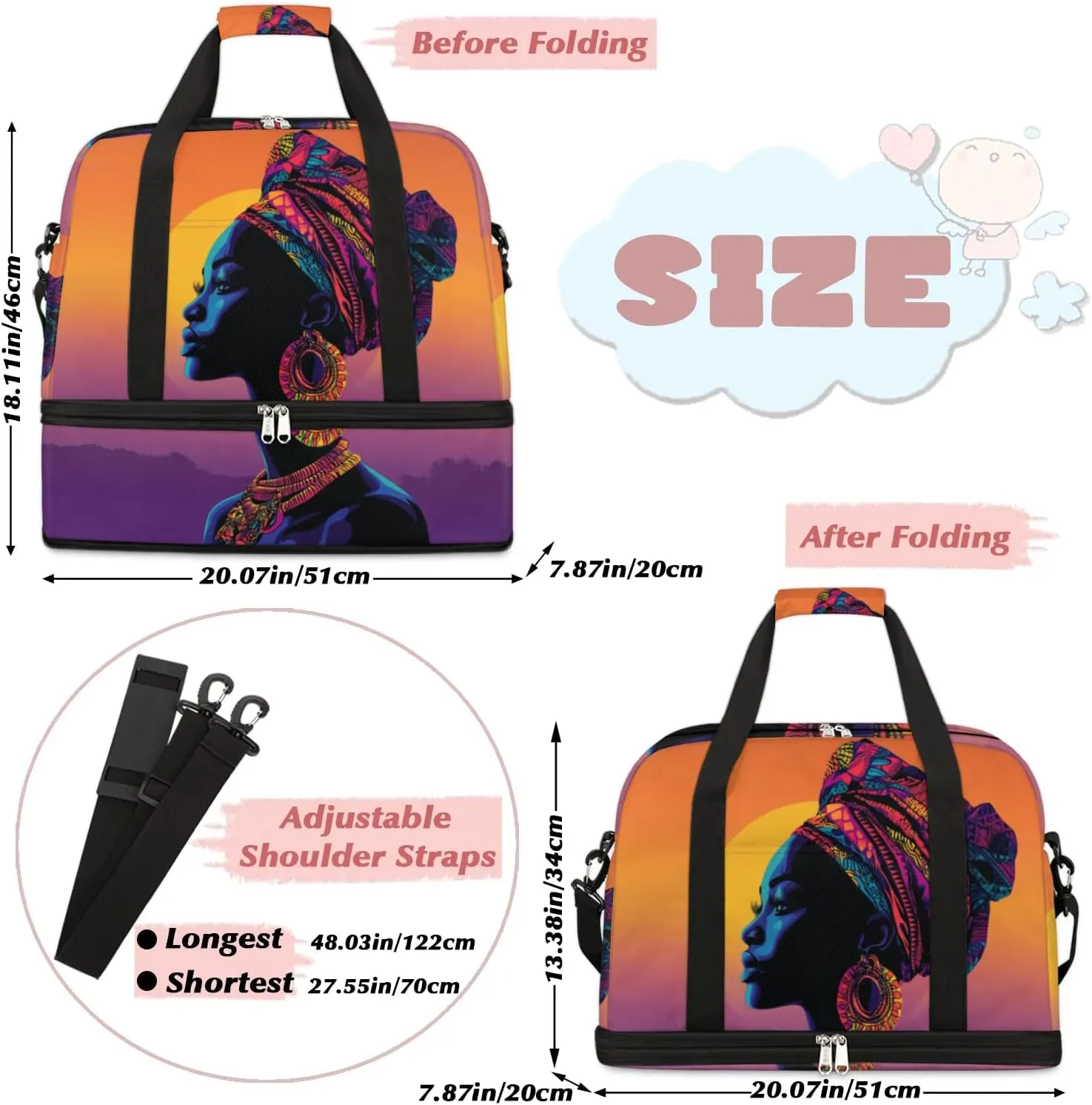 African American Women Foldable Travel Duffel Bag, Expandable Weekender Overnight Carry on Bags with Shoe Compartment Sport Tote Gym Luggage for Women Men