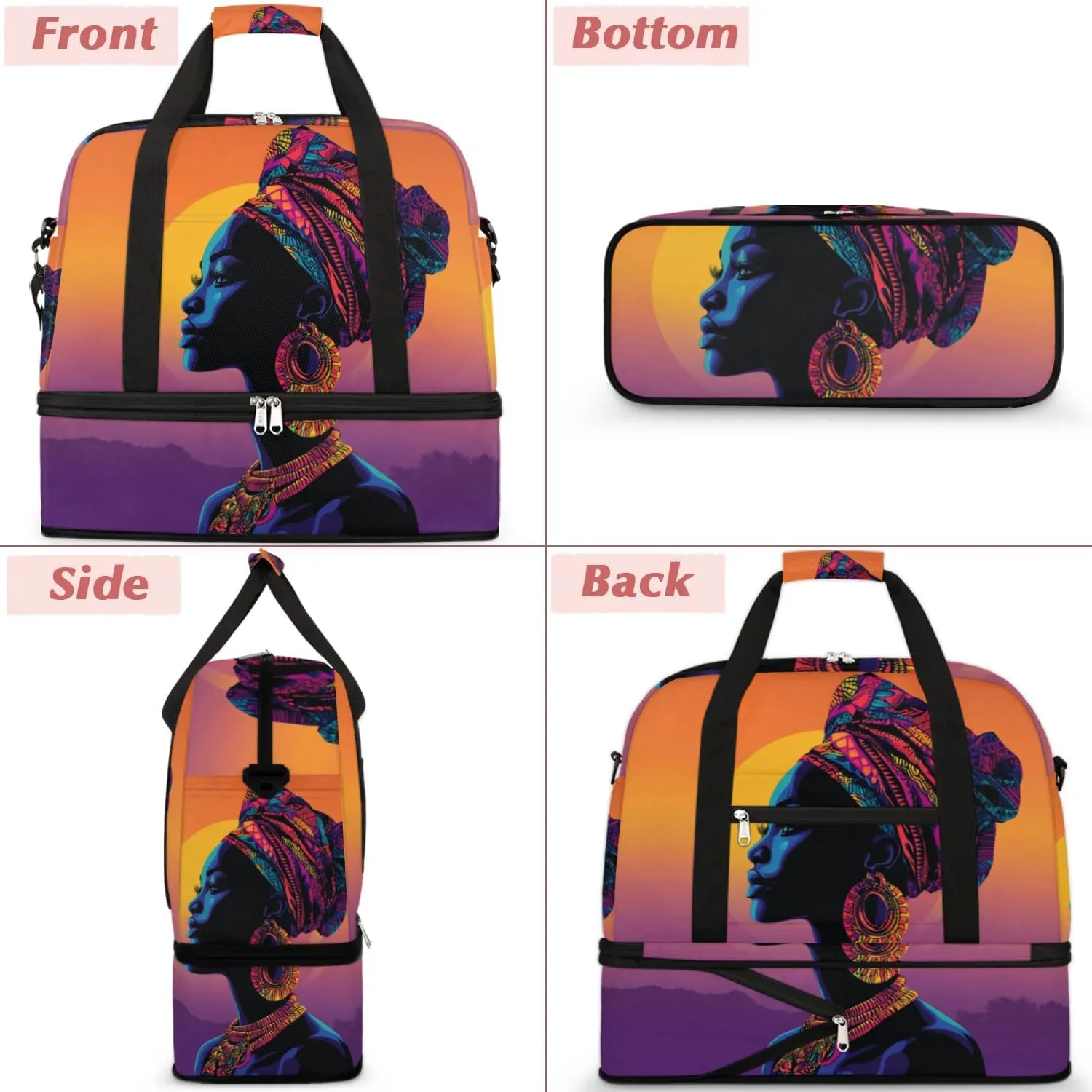 African American Women Foldable Travel Duffel Bag, Expandable Weekender Overnight Carry on Bags with Shoe Compartment Sport Tote Gym Luggage for Women Men