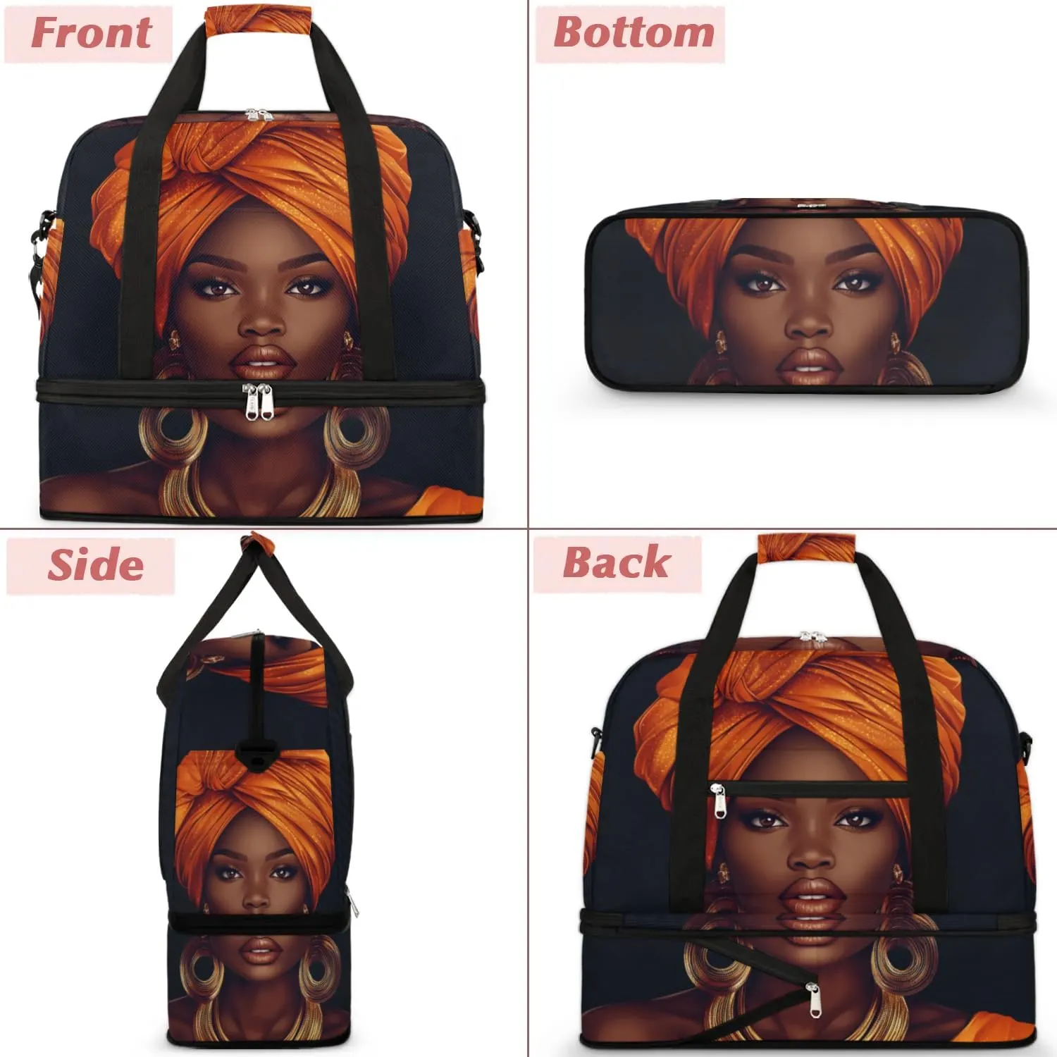 African Women Foldable Travel Duffel Bag, Expandable Weekender Overnight Carry on Bags with Shoe Compartment Sport Tote Gym Luggage for Women Men