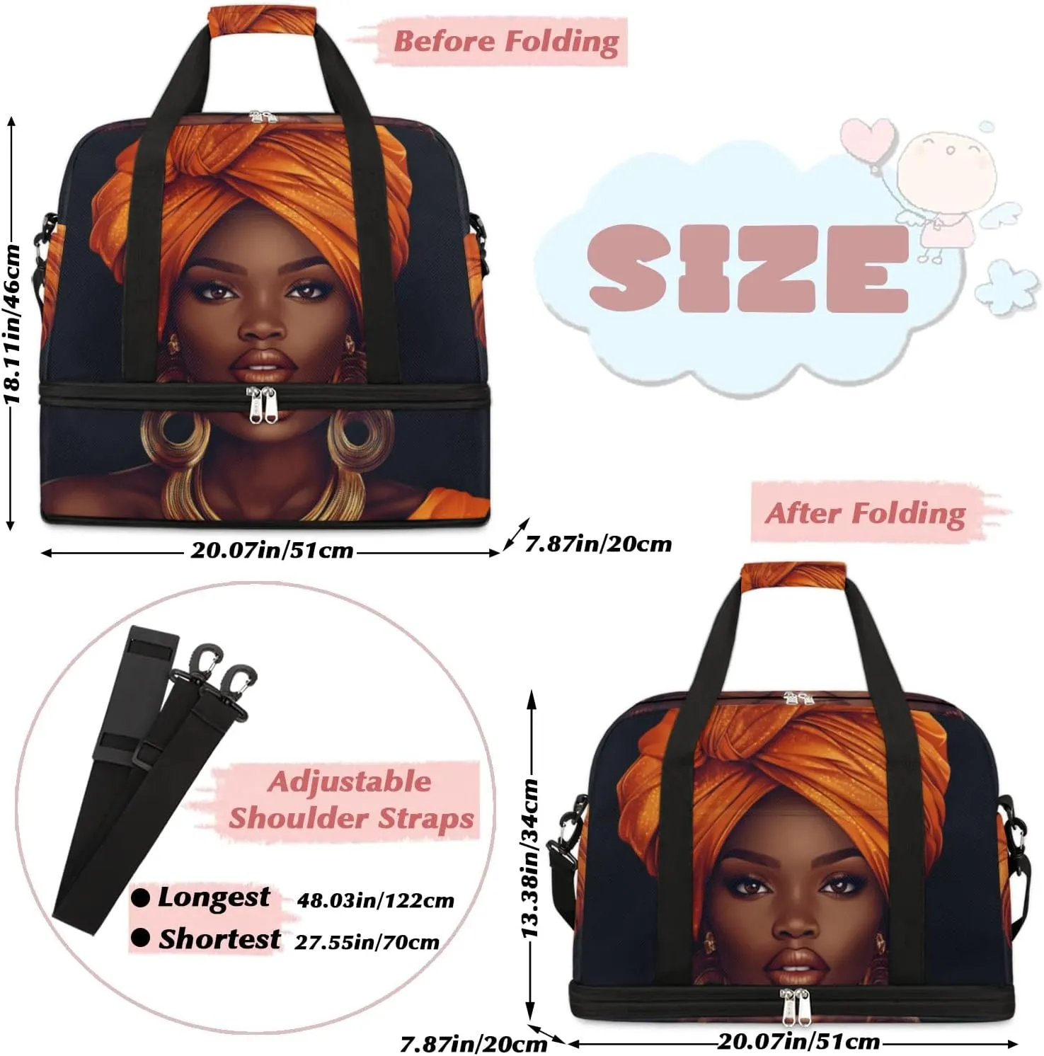 African Women Foldable Travel Duffel Bag, Expandable Weekender Overnight Carry on Bags with Shoe Compartment Sport Tote Gym Luggage for Women Men