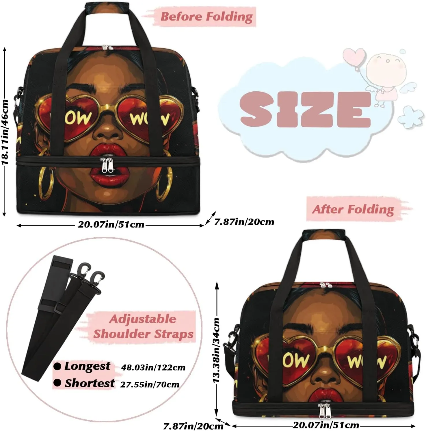 African Women Wow Foldable Travel Duffel Bag, Expandable Weekender Overnight Carry on Bags with Shoe Compartment Sport Tote Gym Luggage for Women Men