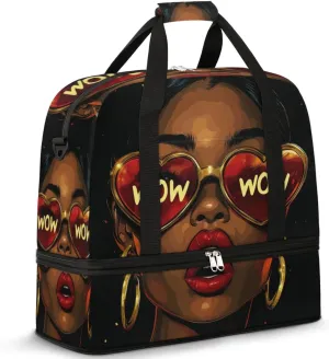 African Women Wow Foldable Travel Duffel Bag, Expandable Weekender Overnight Carry on Bags with Shoe Compartment Sport Tote Gym Luggage for Women Men
