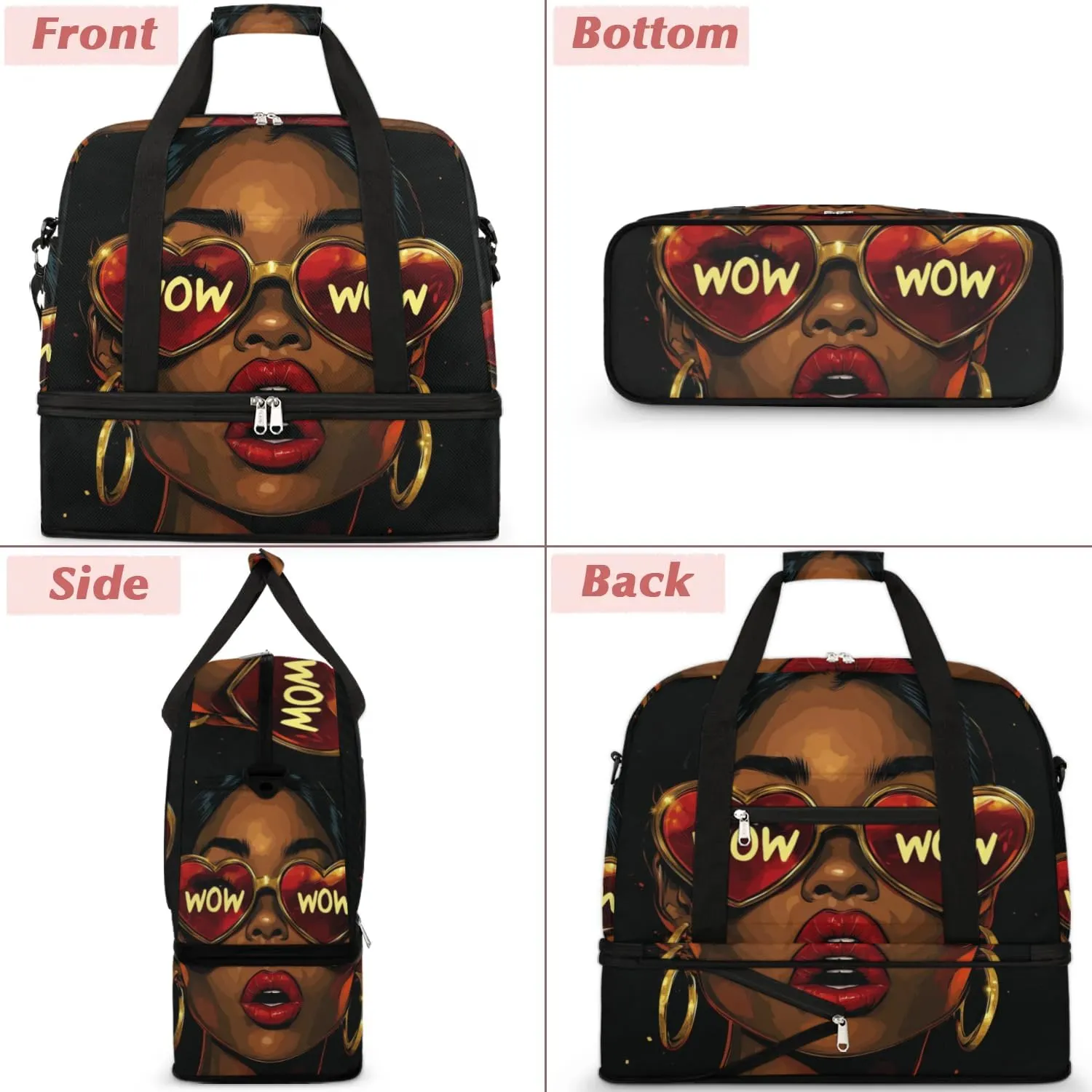 African Women Wow Foldable Travel Duffel Bag, Expandable Weekender Overnight Carry on Bags with Shoe Compartment Sport Tote Gym Luggage for Women Men