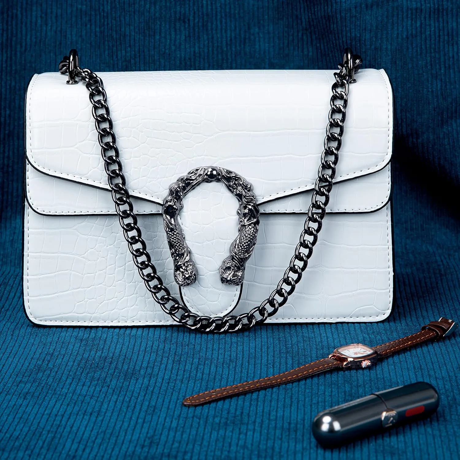 Aiqudou Crossbody Bag and Satchel Purse for Women - Fashion Snake Print Chain Purse Luxury PU Leather HandBag