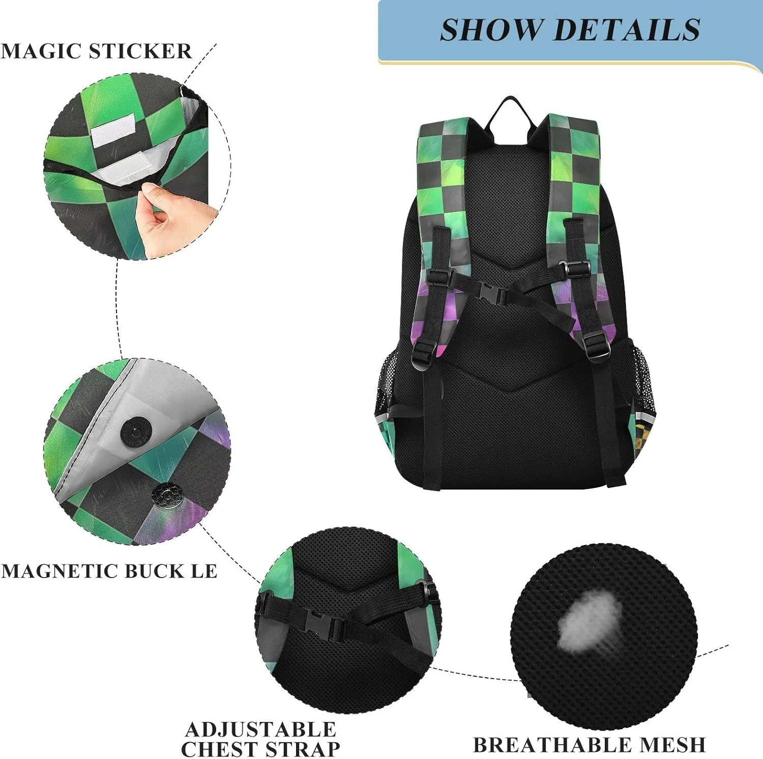ALAZA Black Green Checkered Rainbow Gradient School Backpacks Travel Laptop Bag Kids Bookbag for Girls Boys Teens Women Men