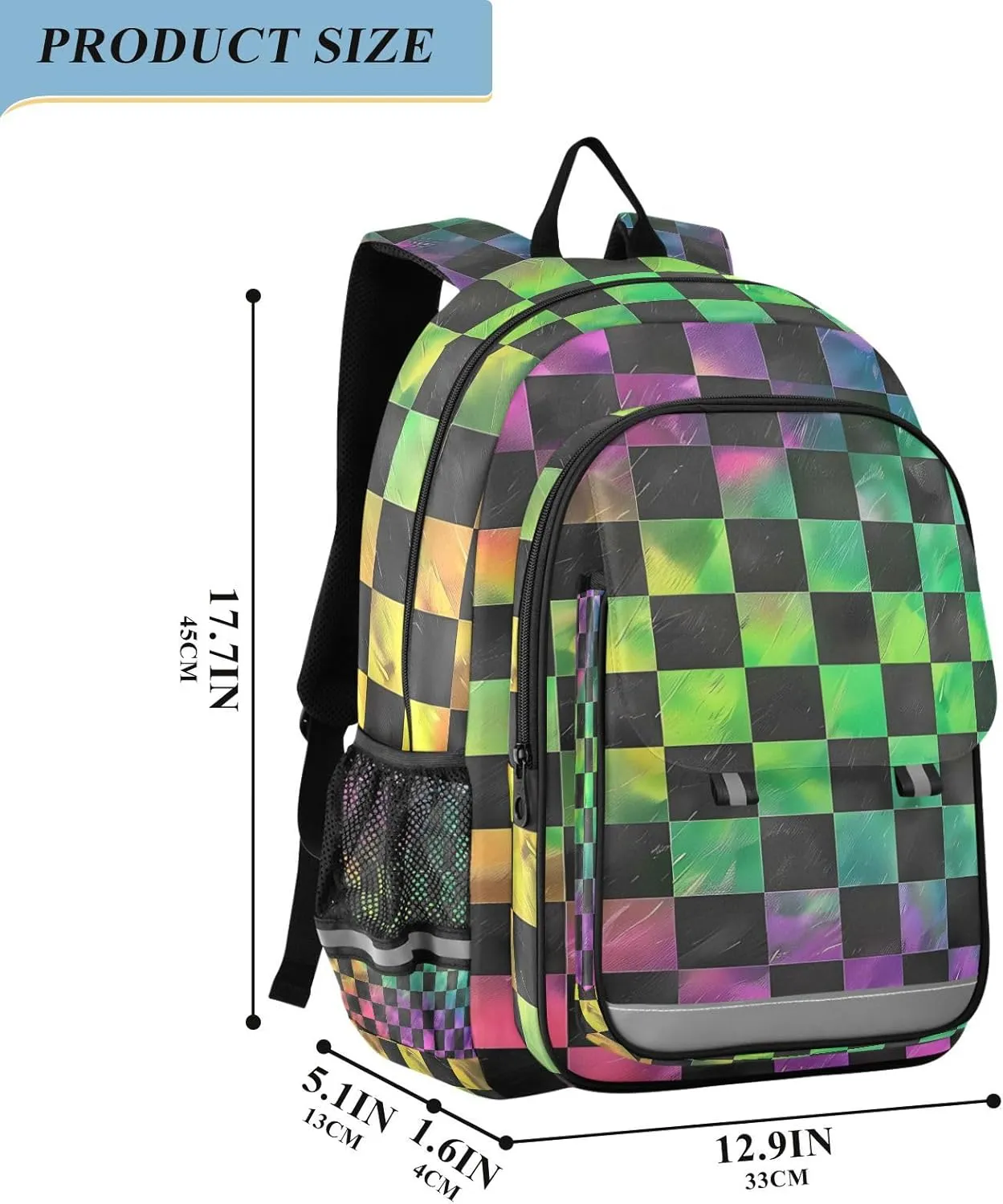 ALAZA Black Green Checkered Rainbow Gradient School Backpacks Travel Laptop Bag Kids Bookbag for Girls Boys Teens Women Men
