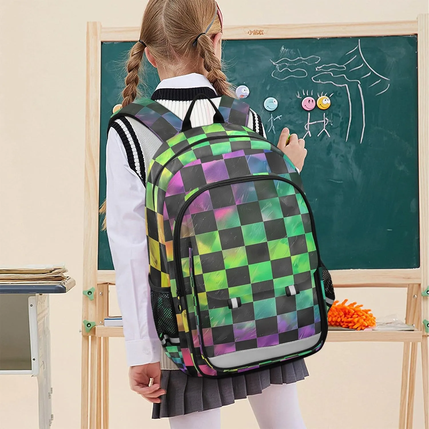 ALAZA Black Green Checkered Rainbow Gradient School Backpacks Travel Laptop Bag Kids Bookbag for Girls Boys Teens Women Men