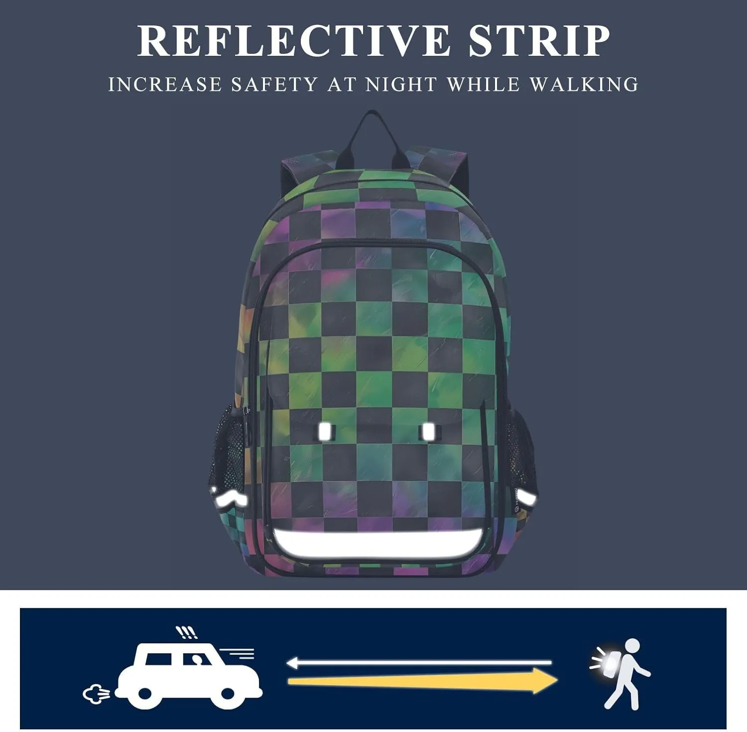ALAZA Black Green Checkered Rainbow Gradient School Backpacks Travel Laptop Bag Kids Bookbag for Girls Boys Teens Women Men