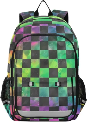 ALAZA Black Green Checkered Rainbow Gradient School Backpacks Travel Laptop Bag Kids Bookbag for Girls Boys Teens Women Men