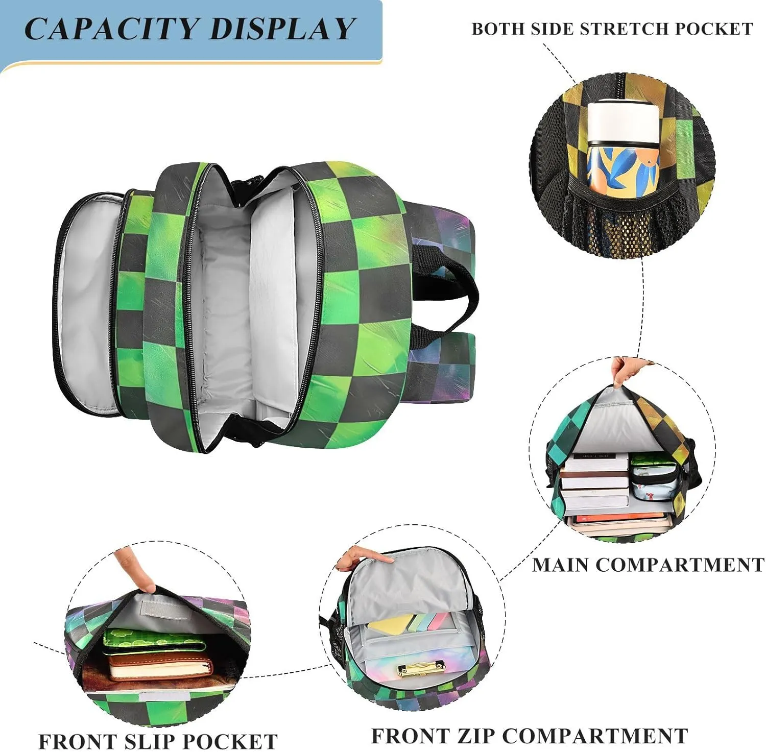 ALAZA Black Green Checkered Rainbow Gradient School Backpacks Travel Laptop Bag Kids Bookbag for Girls Boys Teens Women Men