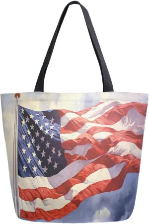 ALAZA Flowing American Flag Canvas Tote Bag for Women Travel Work Shopping Grocery Top Handle Purses Large Totes Reusable Handbags Cotton Shoulder Bags