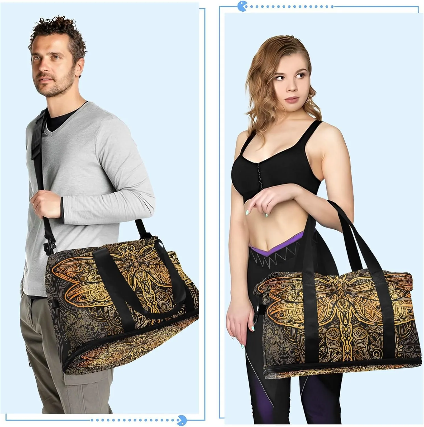 ALAZA Golden Dragonfly Mandala Travel Duffel Bag for Women Men Sports Gym Bag with Shoe Compartment Tote Weekender Overnight Bags with Wet Pocket for Travel,Gym,Yoga,Swimming