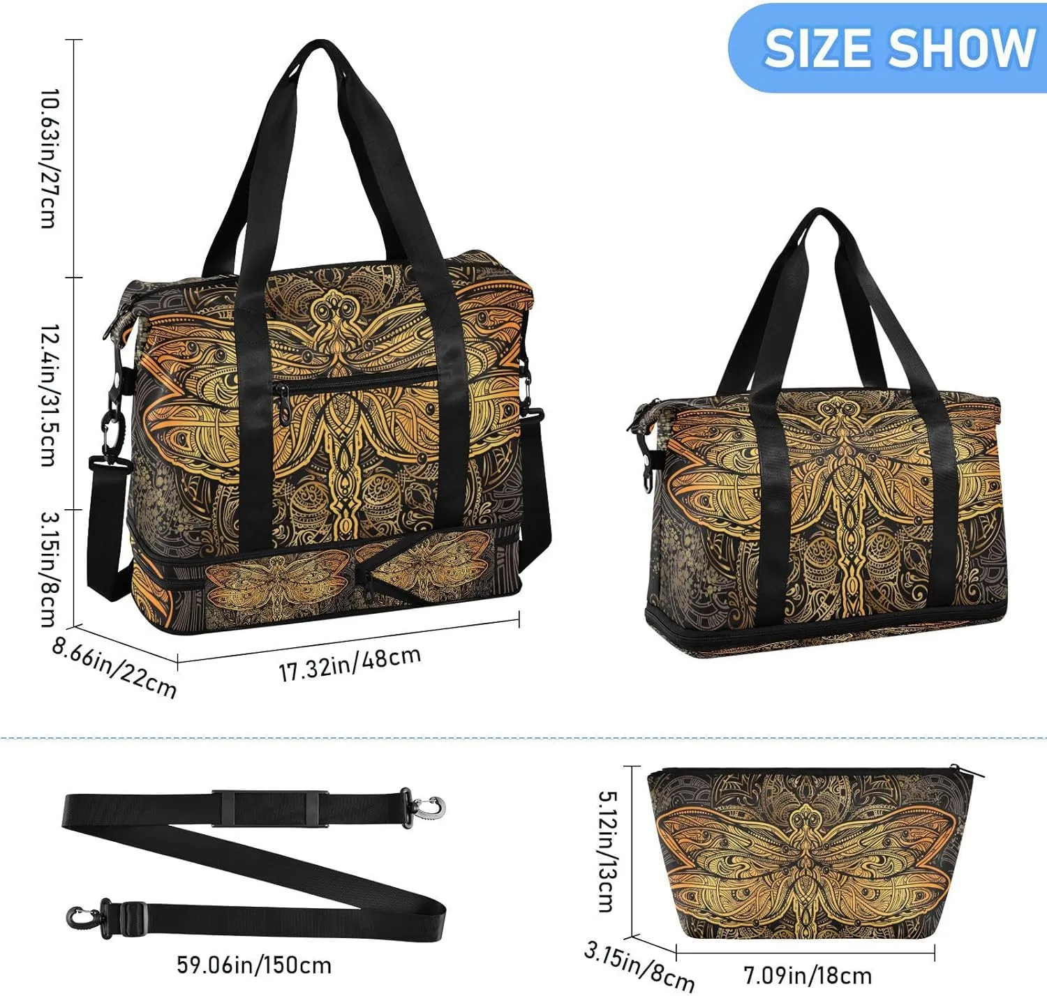 ALAZA Golden Dragonfly Mandala Travel Duffel Bag for Women Men Sports Gym Bag with Shoe Compartment Tote Weekender Overnight Bags with Wet Pocket for Travel,Gym,Yoga,Swimming