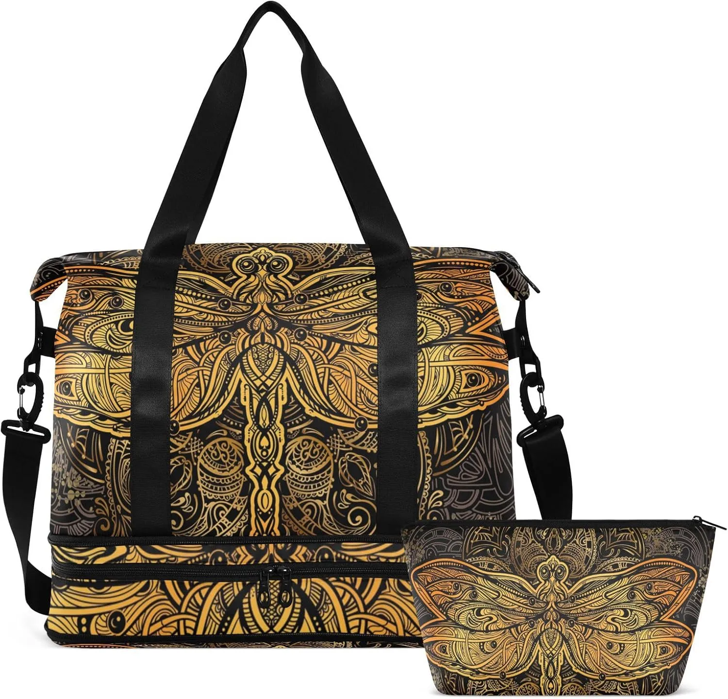 ALAZA Golden Dragonfly Mandala Travel Duffel Bag for Women Men Sports Gym Bag with Shoe Compartment Tote Weekender Overnight Bags with Wet Pocket for Travel,Gym,Yoga,Swimming