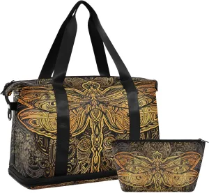 ALAZA Golden Dragonfly Mandala Travel Duffel Bag for Women Men Sports Gym Bag with Shoe Compartment Tote Weekender Overnight Bags with Wet Pocket for Travel,Gym,Yoga,Swimming