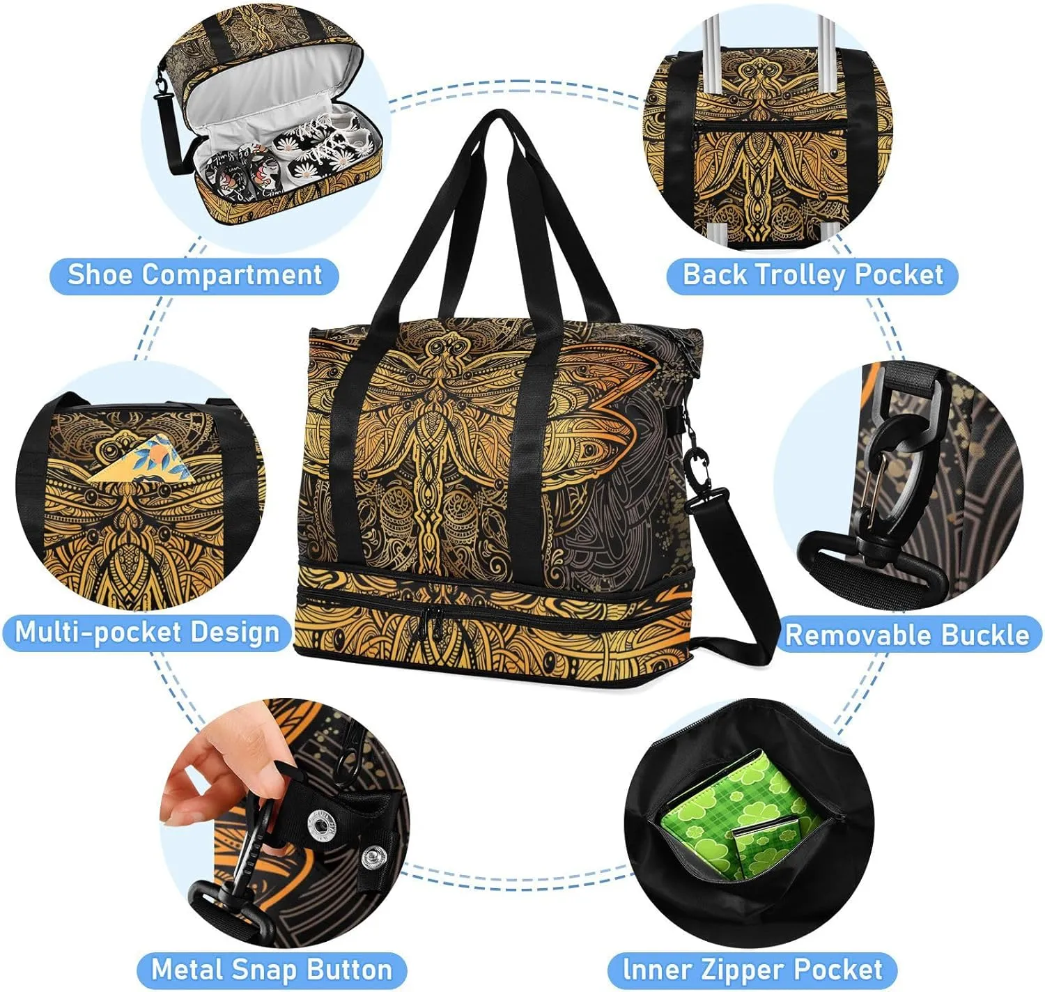 ALAZA Golden Dragonfly Mandala Travel Duffel Bag for Women Men Sports Gym Bag with Shoe Compartment Tote Weekender Overnight Bags with Wet Pocket for Travel,Gym,Yoga,Swimming