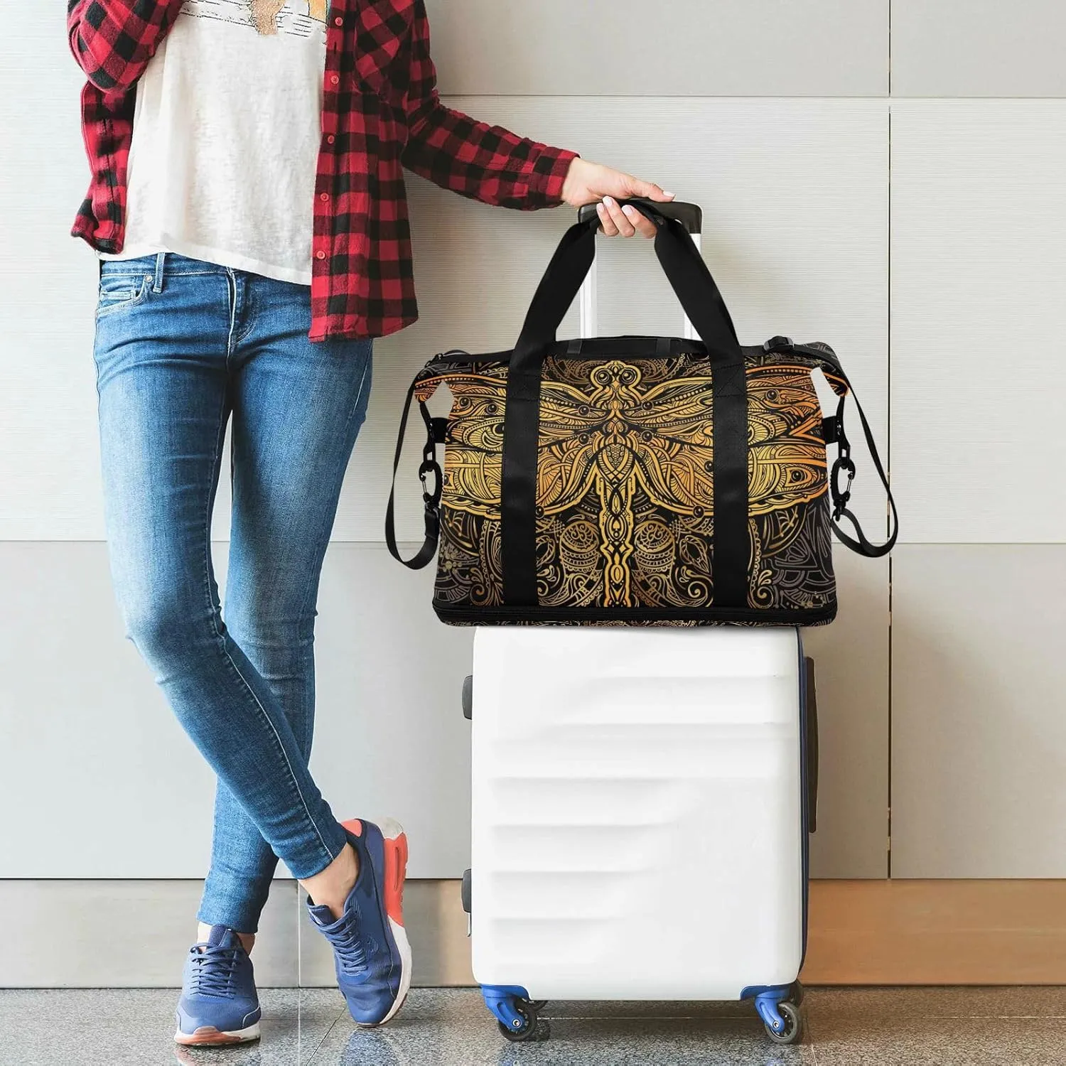 ALAZA Golden Dragonfly Mandala Travel Duffel Bag for Women Men Sports Gym Bag with Shoe Compartment Tote Weekender Overnight Bags with Wet Pocket for Travel,Gym,Yoga,Swimming