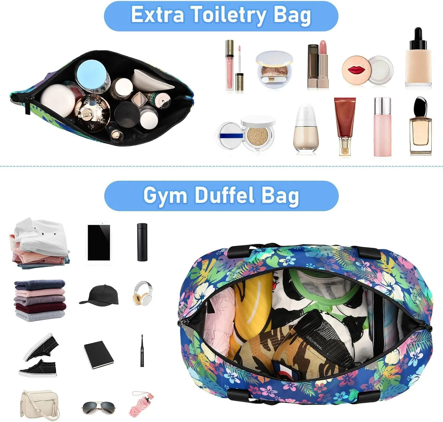 ALAZA Hawaiian Tropical Floral Blue Travel Duffel Bag for Women Men Sports Gym Bag with Shoe Compartment Tote Weekender Overnight Bags with Wet Pocket for Travel,Gym,Yoga,Swimming