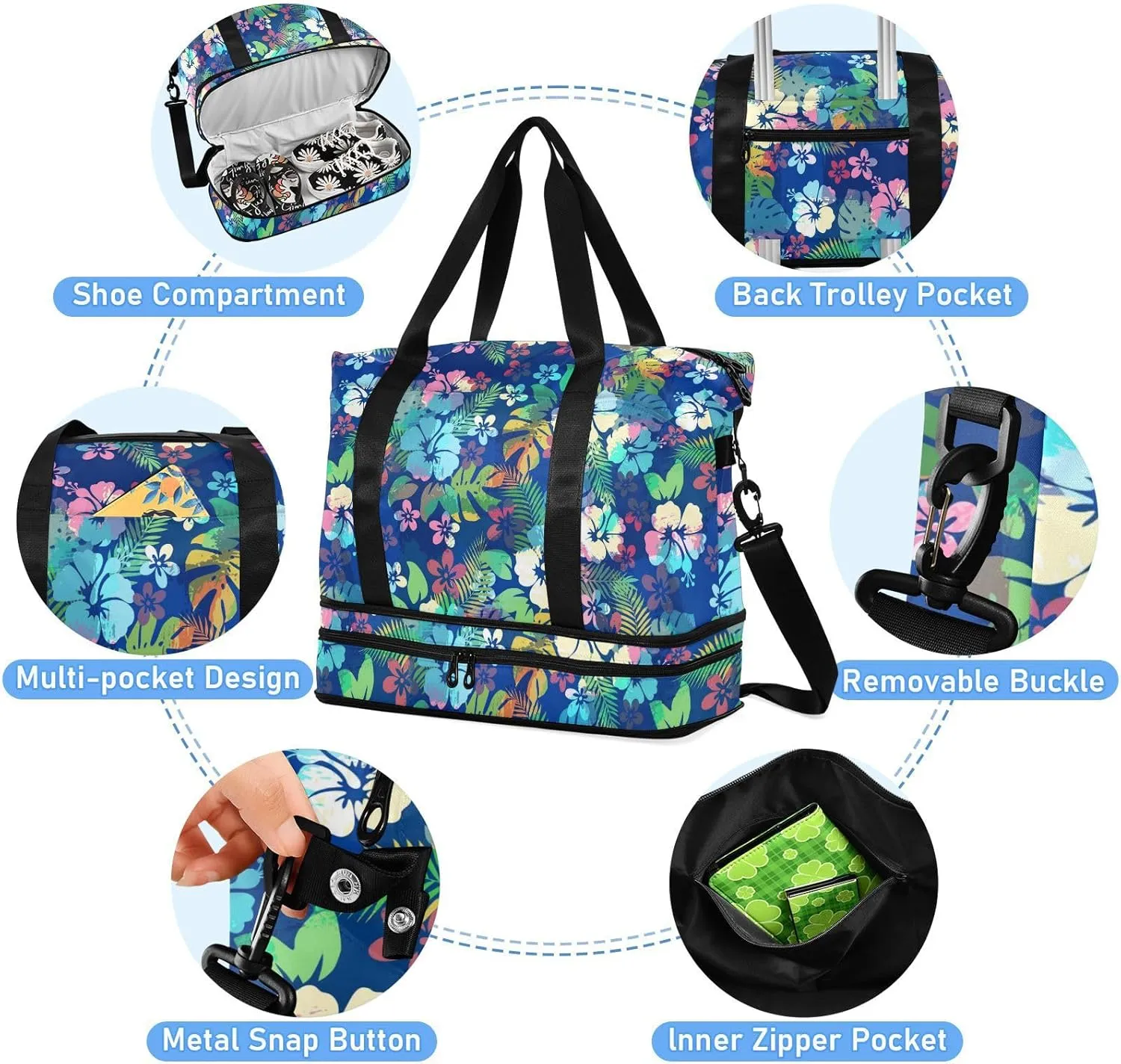 ALAZA Hawaiian Tropical Floral Blue Travel Duffel Bag for Women Men Sports Gym Bag with Shoe Compartment Tote Weekender Overnight Bags with Wet Pocket for Travel,Gym,Yoga,Swimming