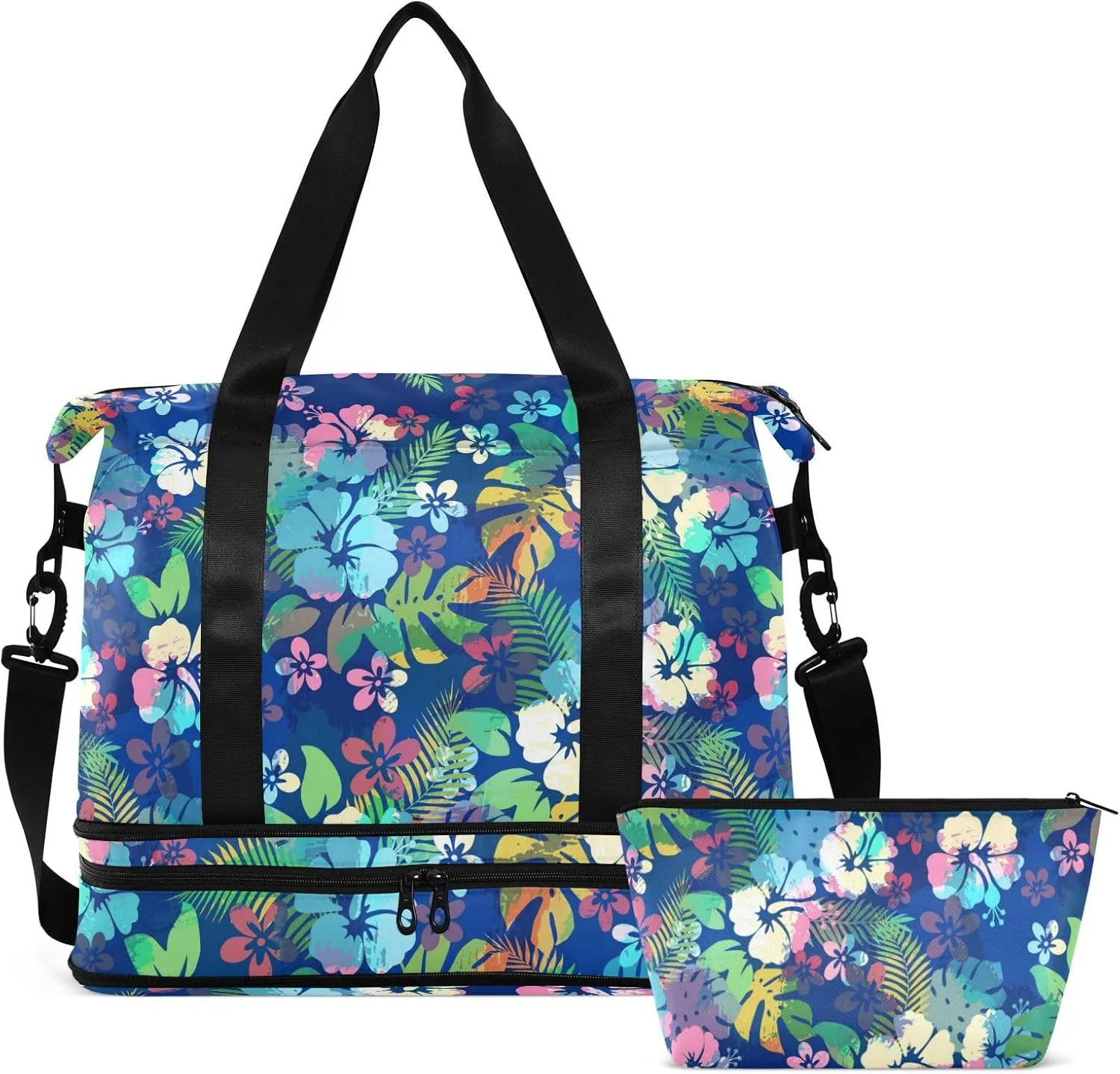 ALAZA Hawaiian Tropical Floral Blue Travel Duffel Bag for Women Men Sports Gym Bag with Shoe Compartment Tote Weekender Overnight Bags with Wet Pocket for Travel,Gym,Yoga,Swimming