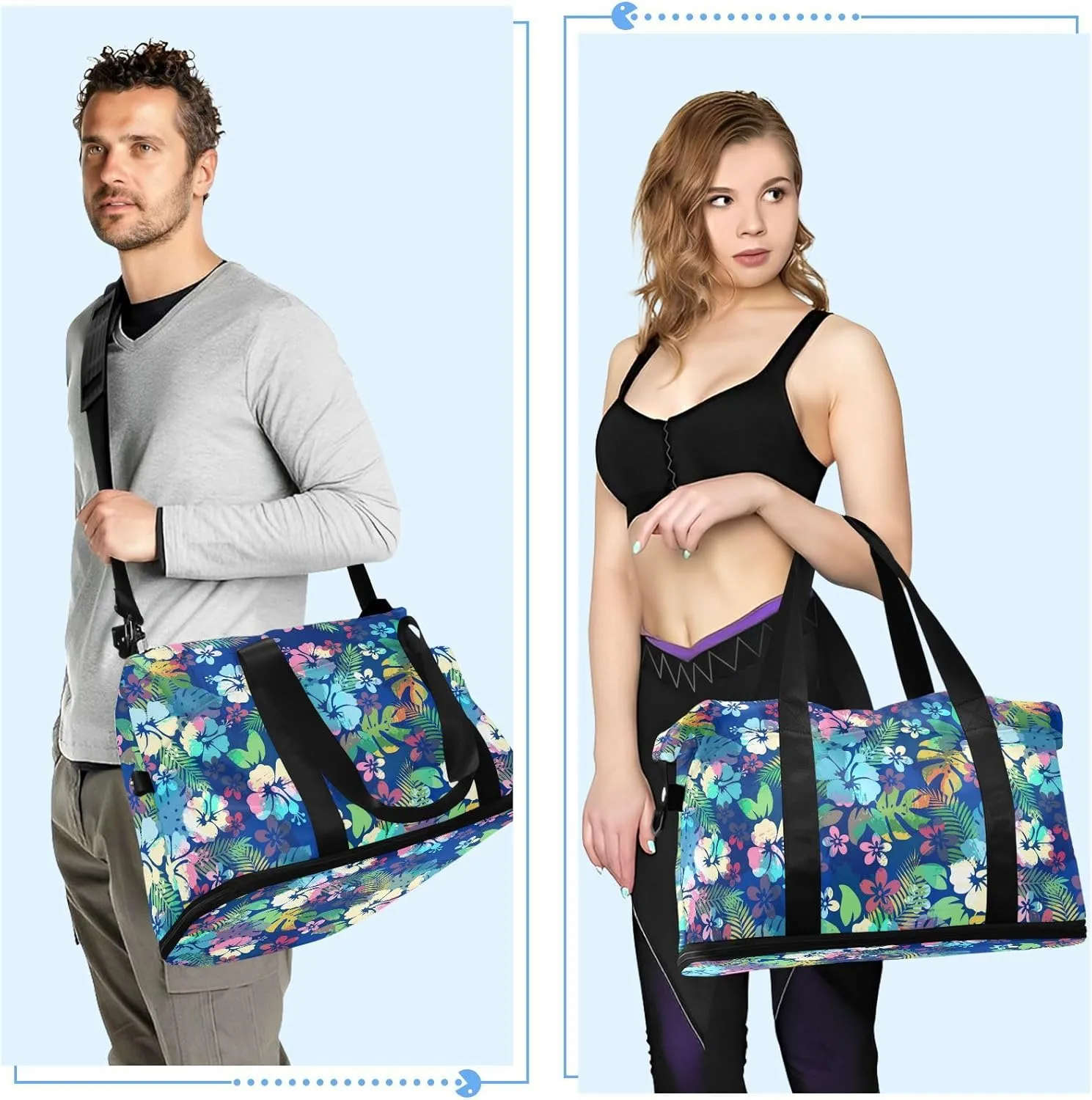 ALAZA Hawaiian Tropical Floral Blue Travel Duffel Bag for Women Men Sports Gym Bag with Shoe Compartment Tote Weekender Overnight Bags with Wet Pocket for Travel,Gym,Yoga,Swimming
