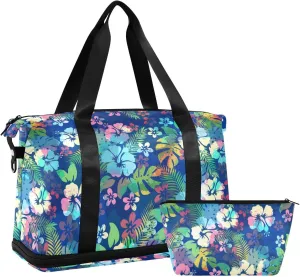 ALAZA Hawaiian Tropical Floral Blue Travel Duffel Bag for Women Men Sports Gym Bag with Shoe Compartment Tote Weekender Overnight Bags with Wet Pocket for Travel,Gym,Yoga,Swimming