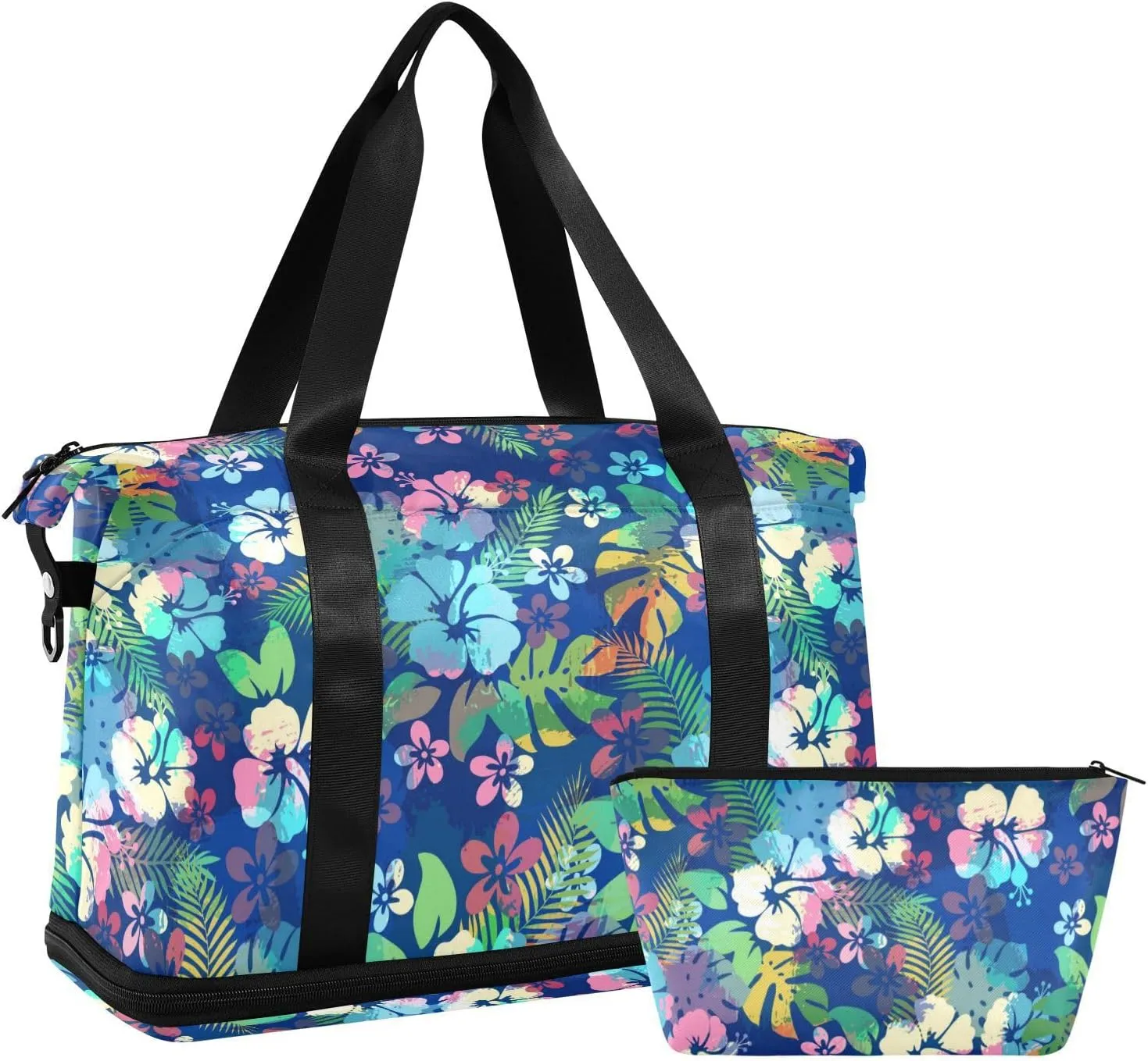 ALAZA Hawaiian Tropical Floral Blue Travel Duffel Bag for Women Men Sports Gym Bag with Shoe Compartment Tote Weekender Overnight Bags with Wet Pocket for Travel,Gym,Yoga,Swimming