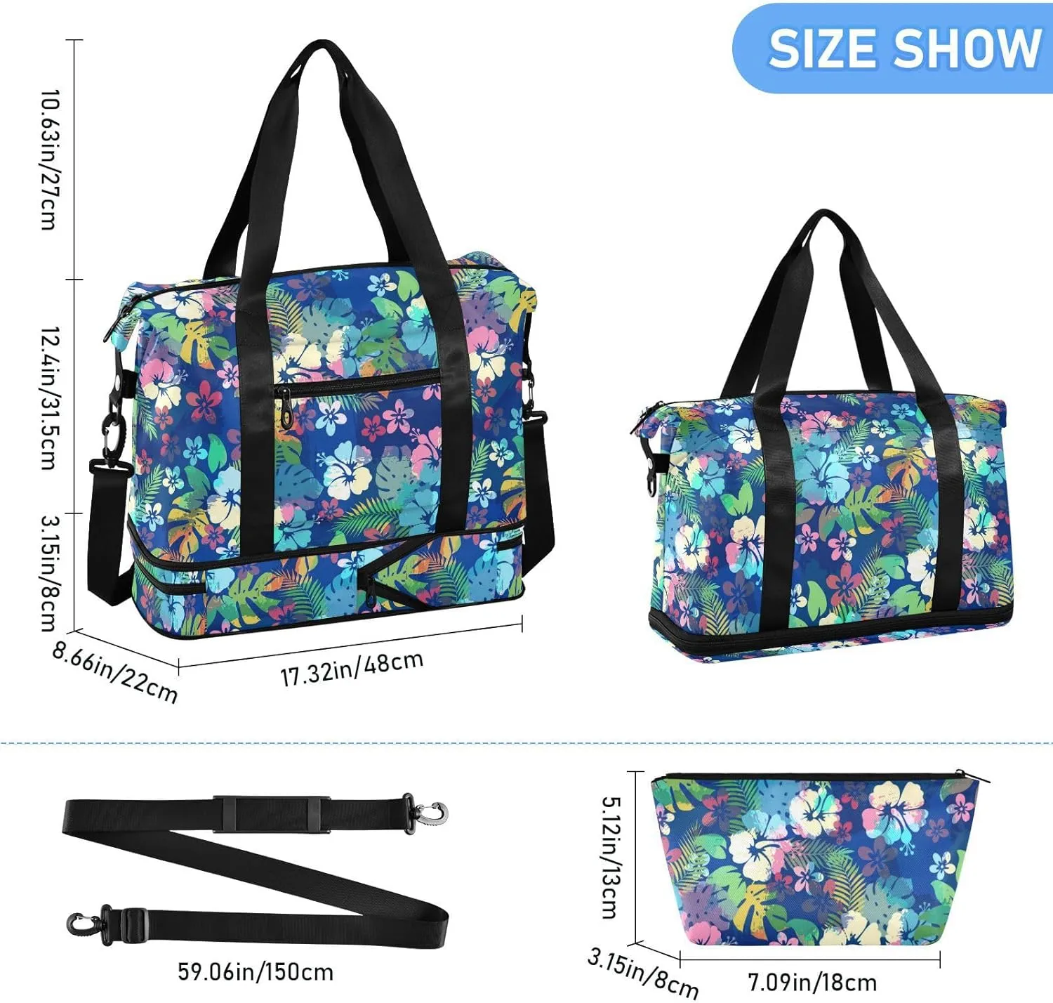 ALAZA Hawaiian Tropical Floral Blue Travel Duffel Bag for Women Men Sports Gym Bag with Shoe Compartment Tote Weekender Overnight Bags with Wet Pocket for Travel,Gym,Yoga,Swimming