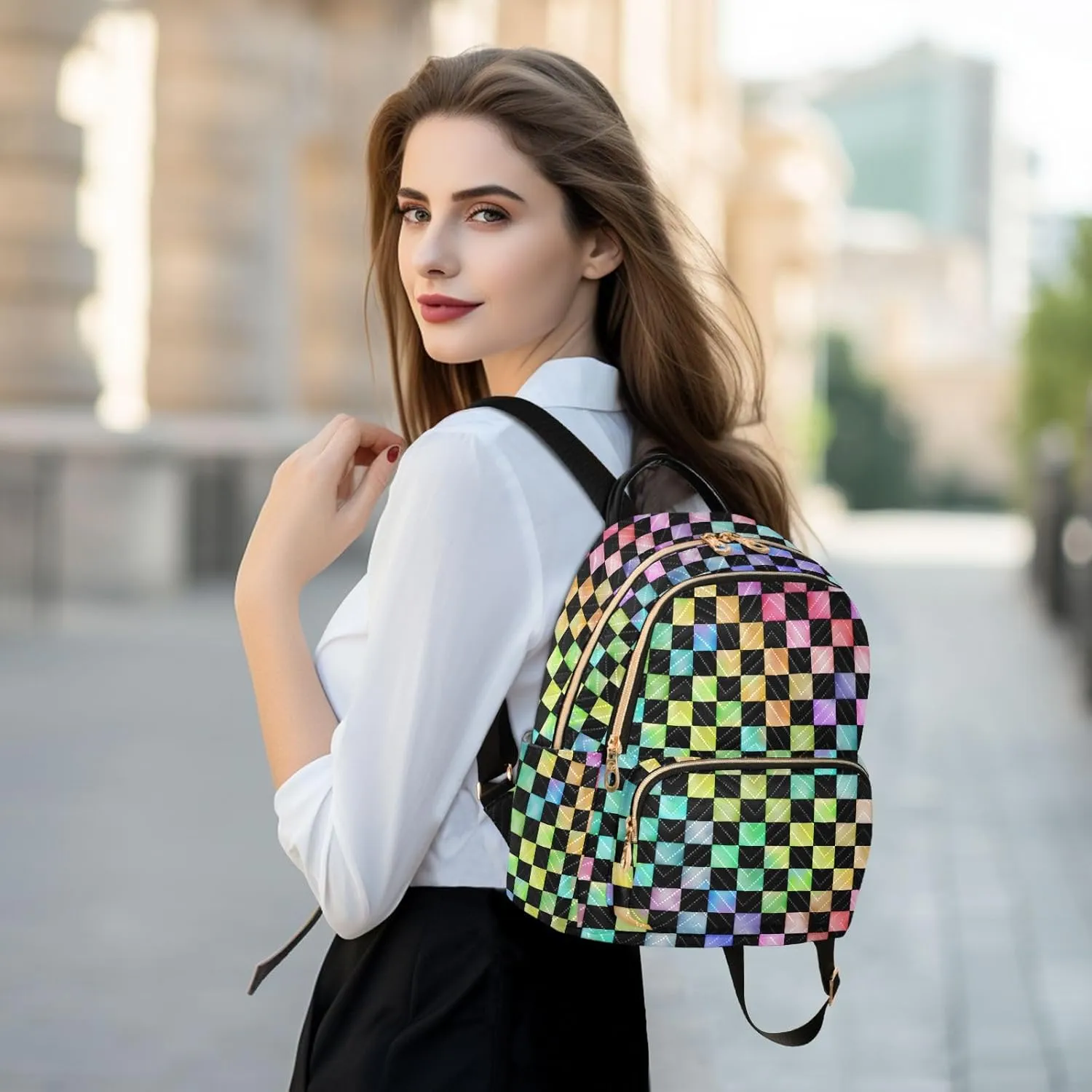 ALAZA Rainbow Checkered Checker Mini Backpack Purse for Women Travel Bag Fashion Daypack Back Pack Shoulder Bag