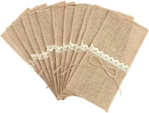Alnicov Natural Burlap Lace Utensil Cutlery Holders Pouch,Jute Napkin Holders Bags for Vintage Wedding Party dinner Thanksgiving banquet Tableware Decorations(Jute Bow-20 Packs)