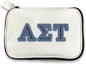 Alpha Sigma Tau Denim Letters Sorority Makeup Bag - Custom Cosmetic Pouch with Zipper - Bid Day, Big Little, Recruitment Gift for Sorority Sisters - Travel Toiletry Bag for Greek Life Accessories