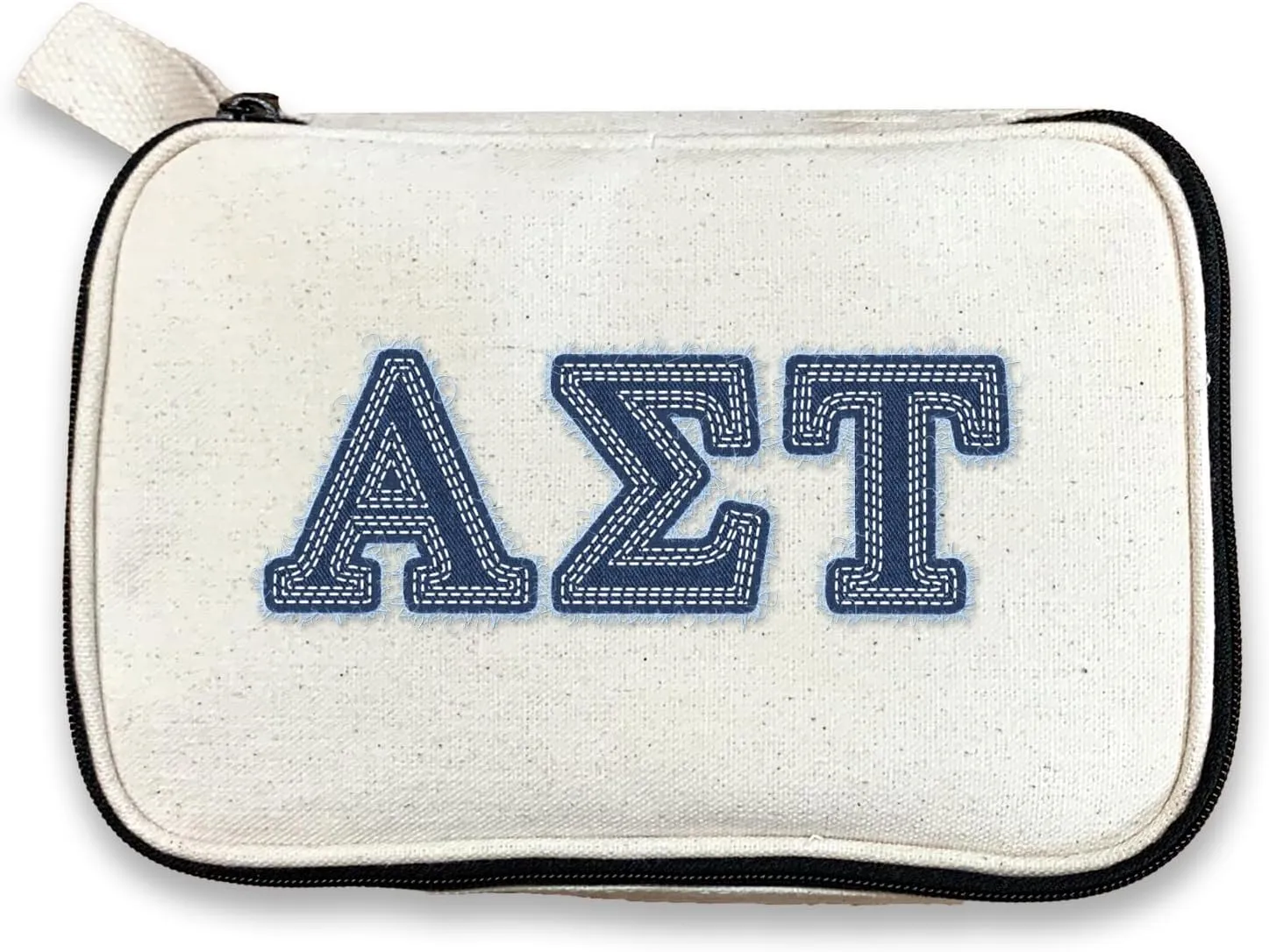 Alpha Sigma Tau Denim Letters Sorority Makeup Bag - Custom Cosmetic Pouch with Zipper - Bid Day, Big Little, Recruitment Gift for Sorority Sisters - Travel Toiletry Bag for Greek Life Accessories