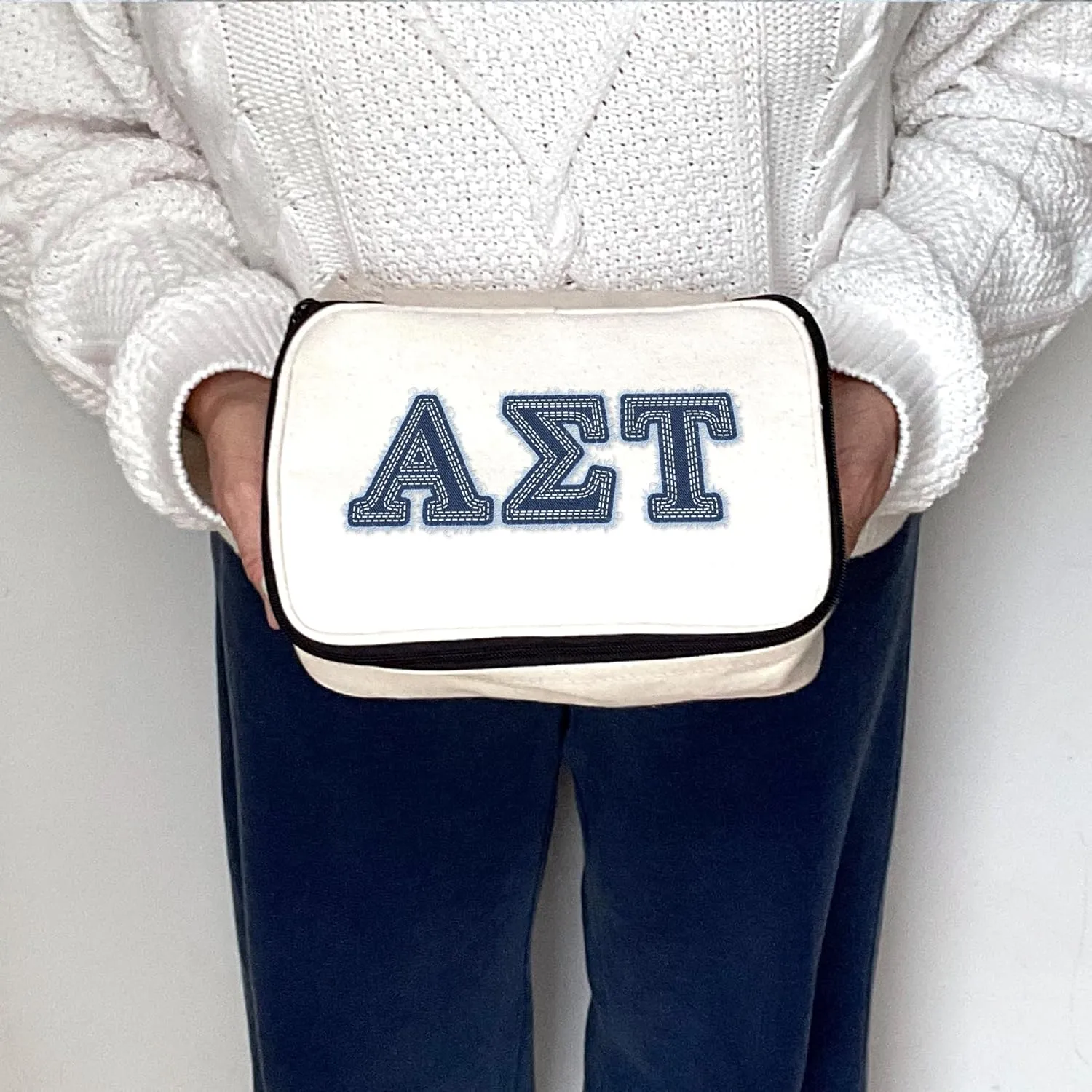 Alpha Sigma Tau Denim Letters Sorority Makeup Bag - Custom Cosmetic Pouch with Zipper - Bid Day, Big Little, Recruitment Gift for Sorority Sisters - Travel Toiletry Bag for Greek Life Accessories