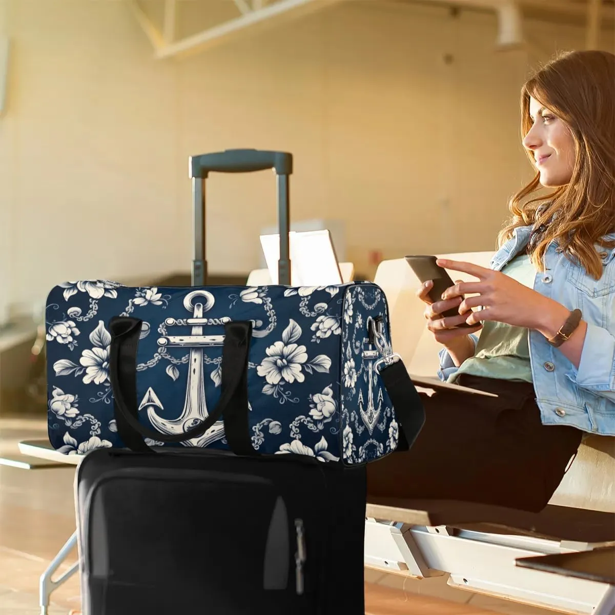 Anchor Flowers Foldable Lightweight Duffle Bag for Travel - Waterproof Carry On Bags for Airplanes, Travel Duffel Bags for Gym, Weekend