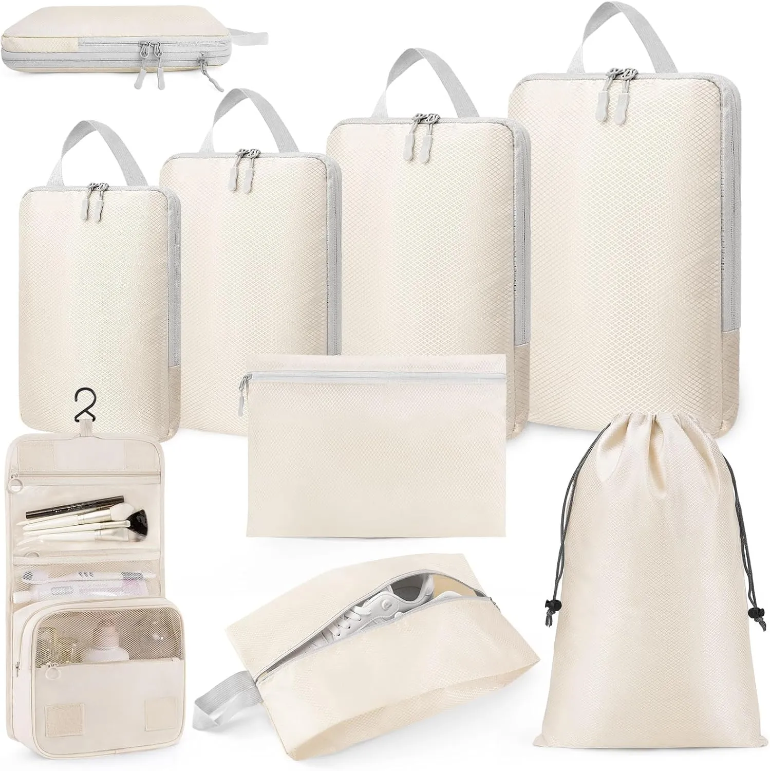 Anjing 8-Set Travel Packing Cubes - Expandable/Compression Bags for Clothes - Ultralight (Beige)