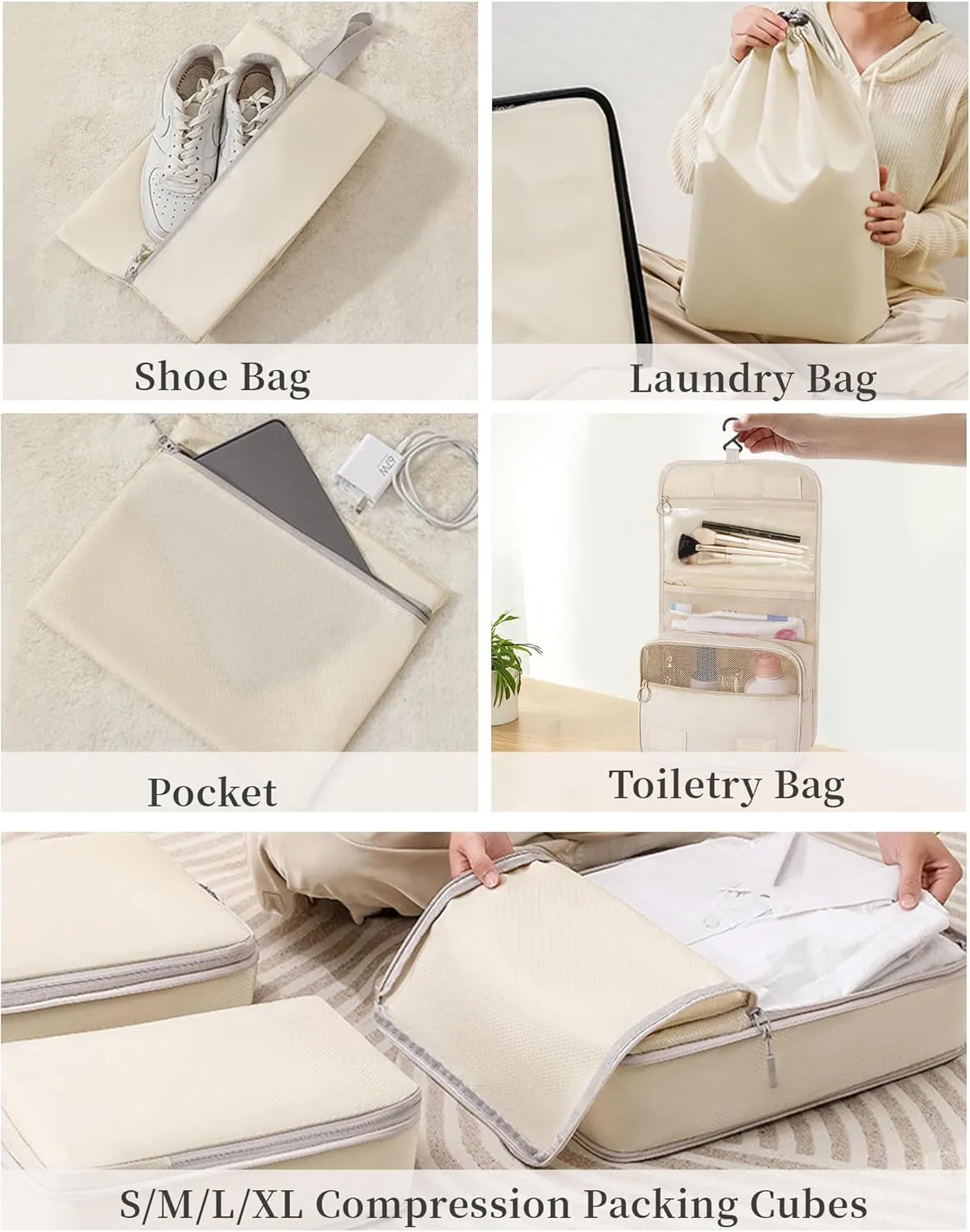 Anjing 8-Set Travel Packing Cubes - Expandable/Compression Bags for Clothes - Ultralight (Beige)