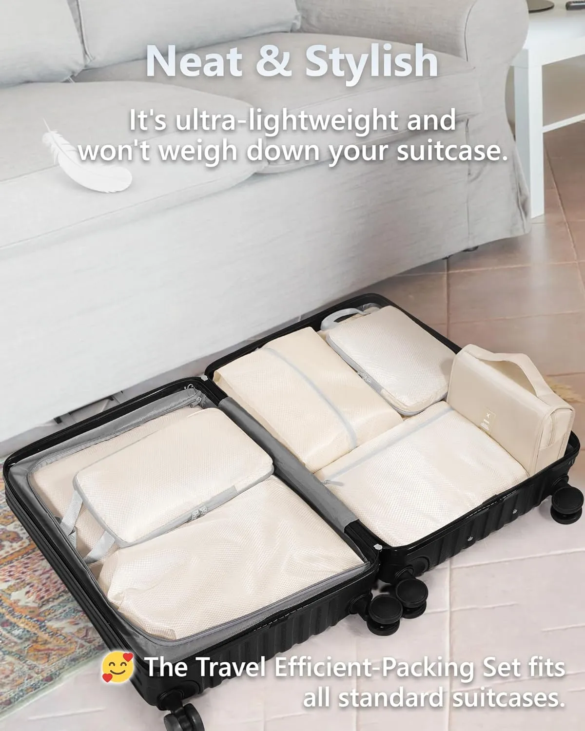 Anjing 8-Set Travel Packing Cubes - Expandable/Compression Bags for Clothes - Ultralight (Beige)