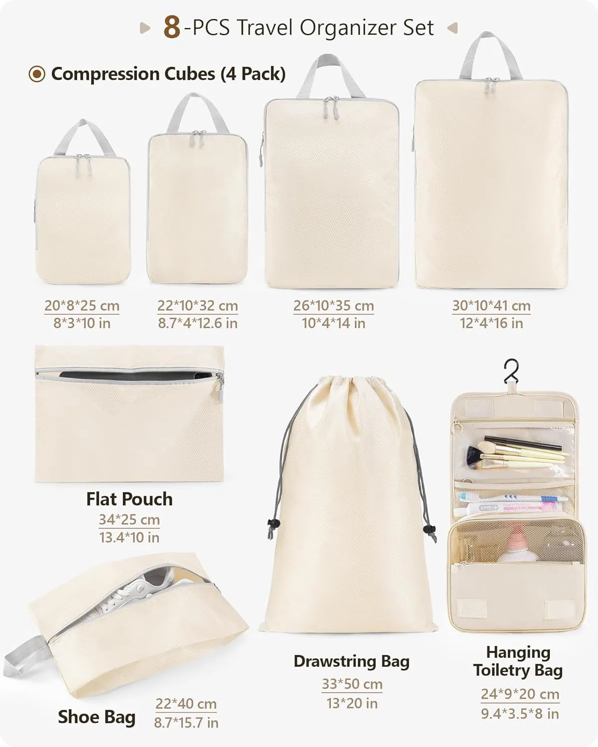 Anjing 8-Set Travel Packing Cubes - Expandable/Compression Bags for Clothes - Ultralight (Beige)