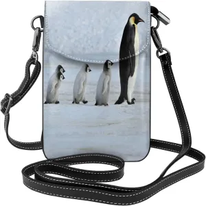 Antarctica Penguin Walking On Snowy Cell Phone Purse Multi-Purpose Leather Shoulder Bag For Women