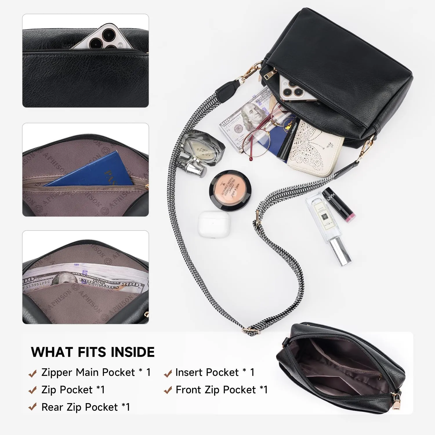 APHISON Small Crossbody Bags for Women, Triple Zip Crossbody Cell Phone Purse Shoulder Handbags with Adjustable Strap